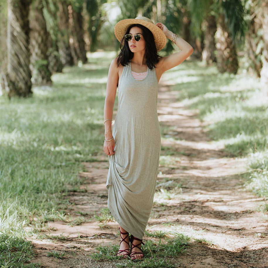 Women's Grey Maxi Tank Dress - Flowy Summer Casual Dress for Beach, Vacation & Everyday Wear