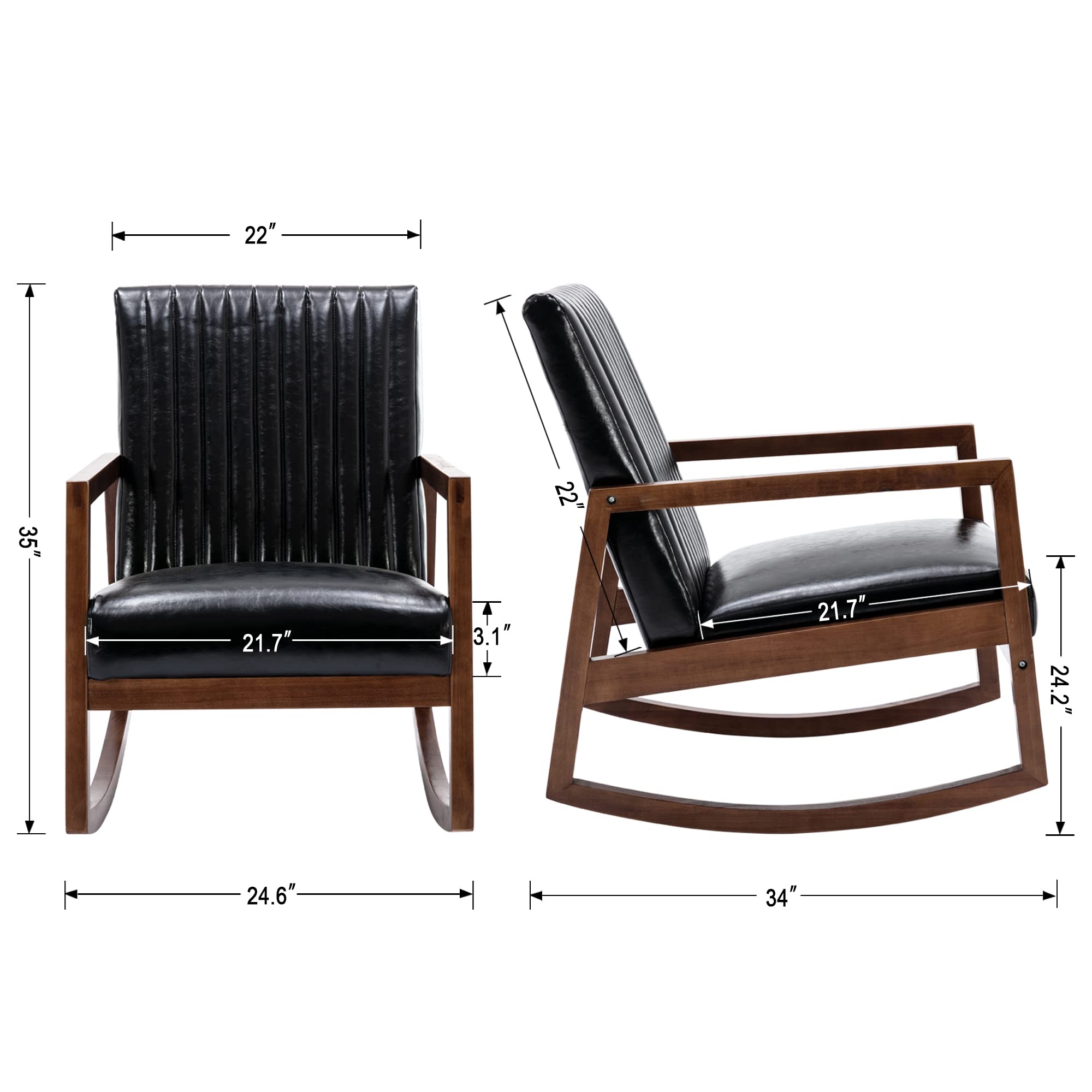 Wahson Set of 2 Mid Century Modern Wood Rocking Chairs - Faux Leather Upholstered Farmhouse Nursing & Living Room Rocker - Comfortable Lounge Chair for Bedroom, Nursery, Porch & Patio - Black (Perfect for Relaxing, Nursing Babies or Decorating Farmhouse Living Spaces)