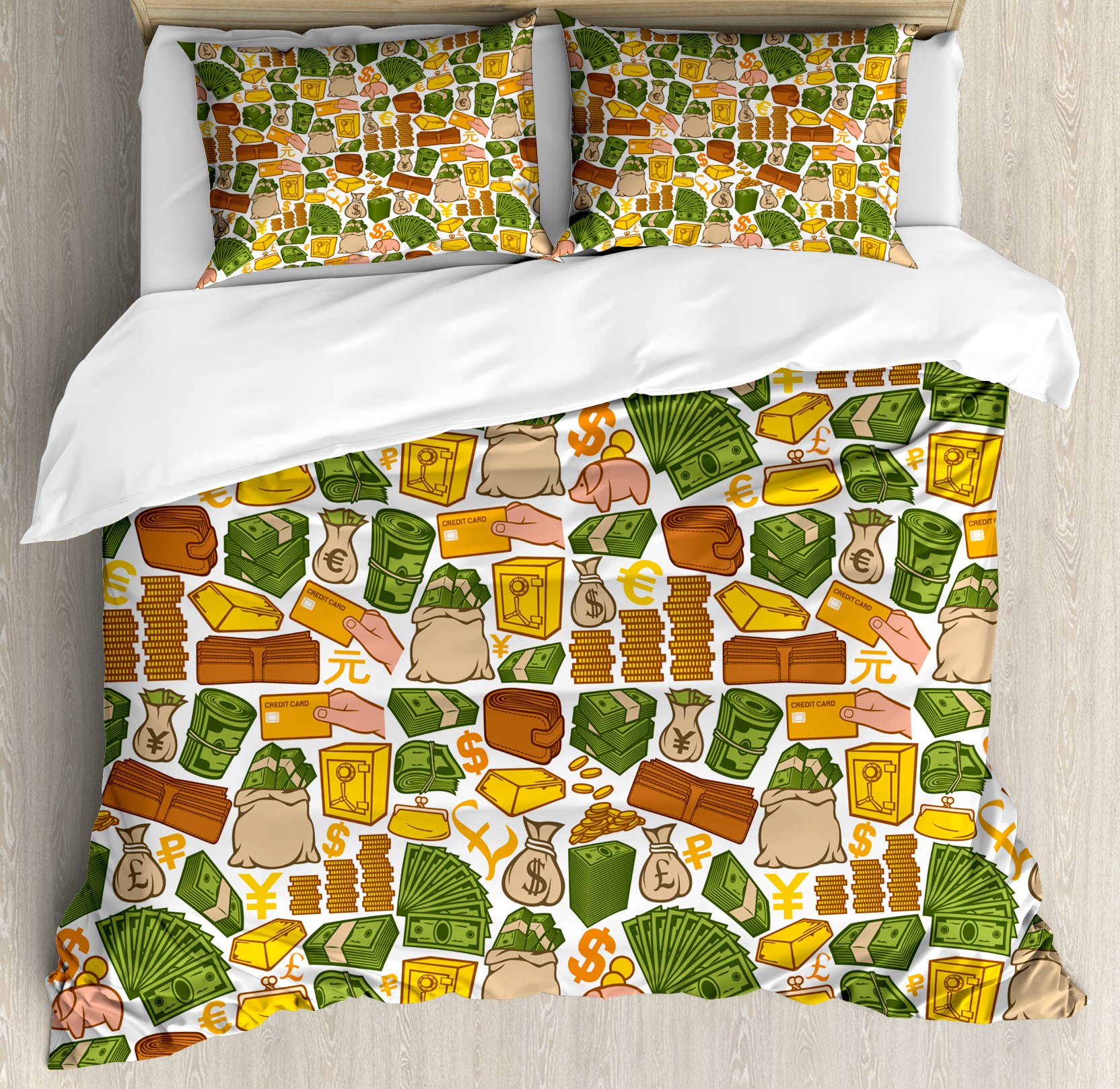 Ambesonne Money Print Duvet Cover Set - Colorful Dollar, Pound & Credit Card Design, 3-Piece Queen Size Bedding with 2 Pillow Shams | Perfect for Themed Bedrooms, Bachelor Pads & Financial Enthusiasts