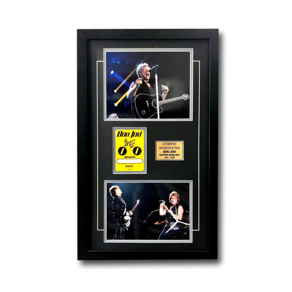 Bon Jovi World Tour Backstage Pass Framed Collage with COA - 16x26 Inch Collectible Music Memorabilia for Fans & Home Decor
