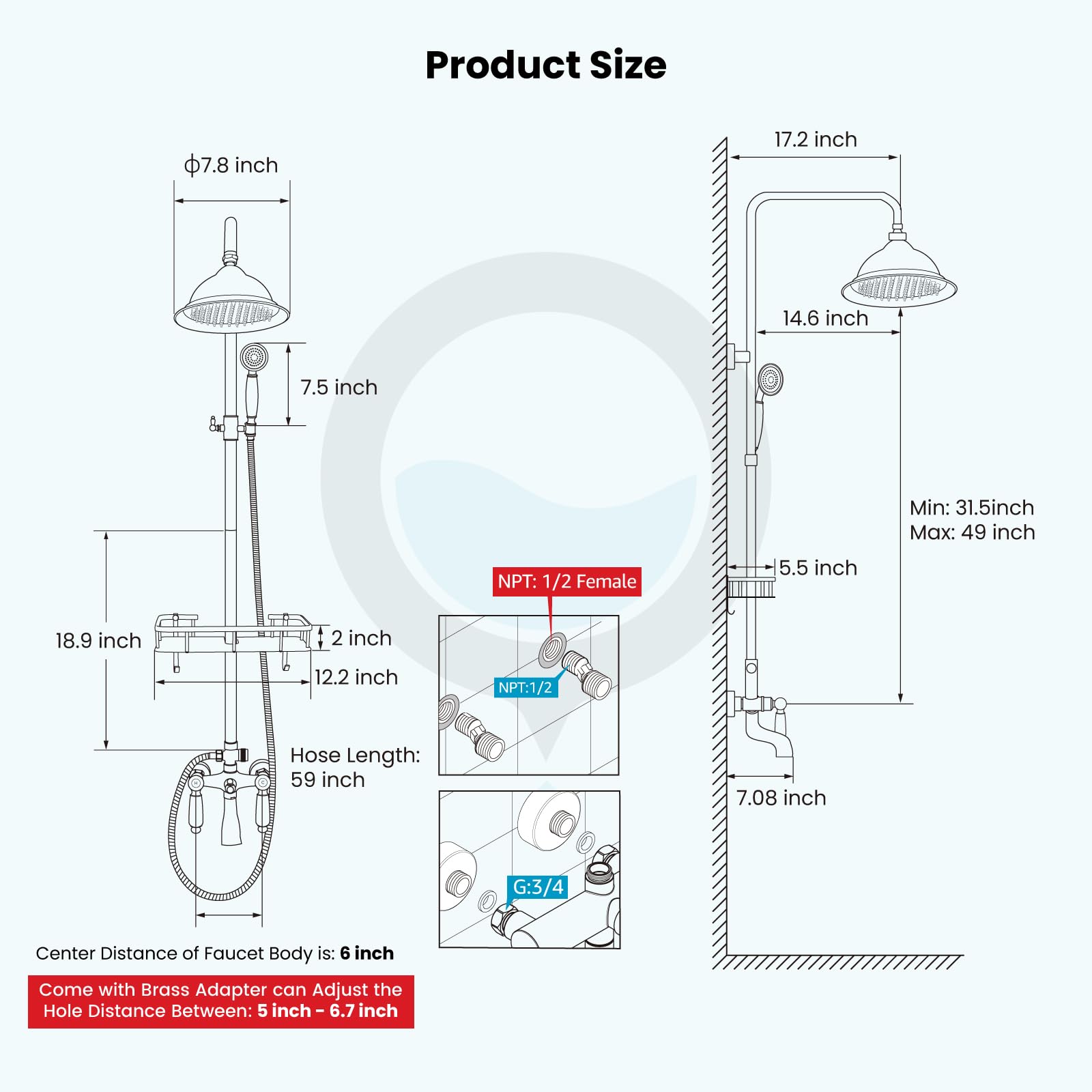 Gotonovo 8-Inch Rainfall Shower Head with Handheld Sprayer - Antique Brass Vintage Bathroom Tub Shower Faucet Set with Wall Mounted Shower Shelf & Tub Spout - Perfect for Modern & Vintage Bathroom Renovations