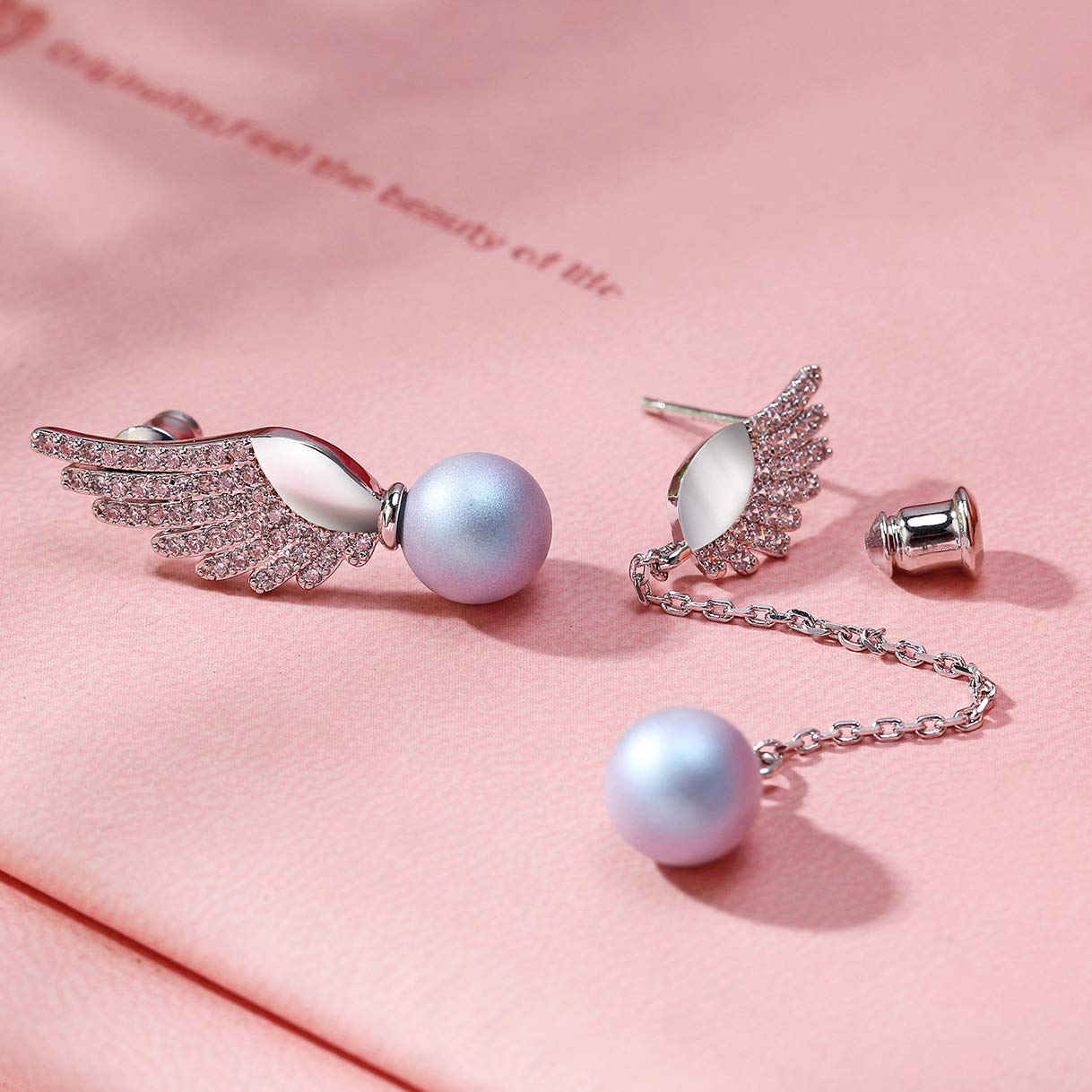 Richapex Asymmetrical Pearl Drop Dangle Earrings - 925 Sterling Silver Frosted Crystal Earrings with Angel Wing Design | Hypoallergenic Jewelry for Women | Perfect Anniversary & Birthday Gift for Her | Elegant for Weddings, Parties & Special Occasions