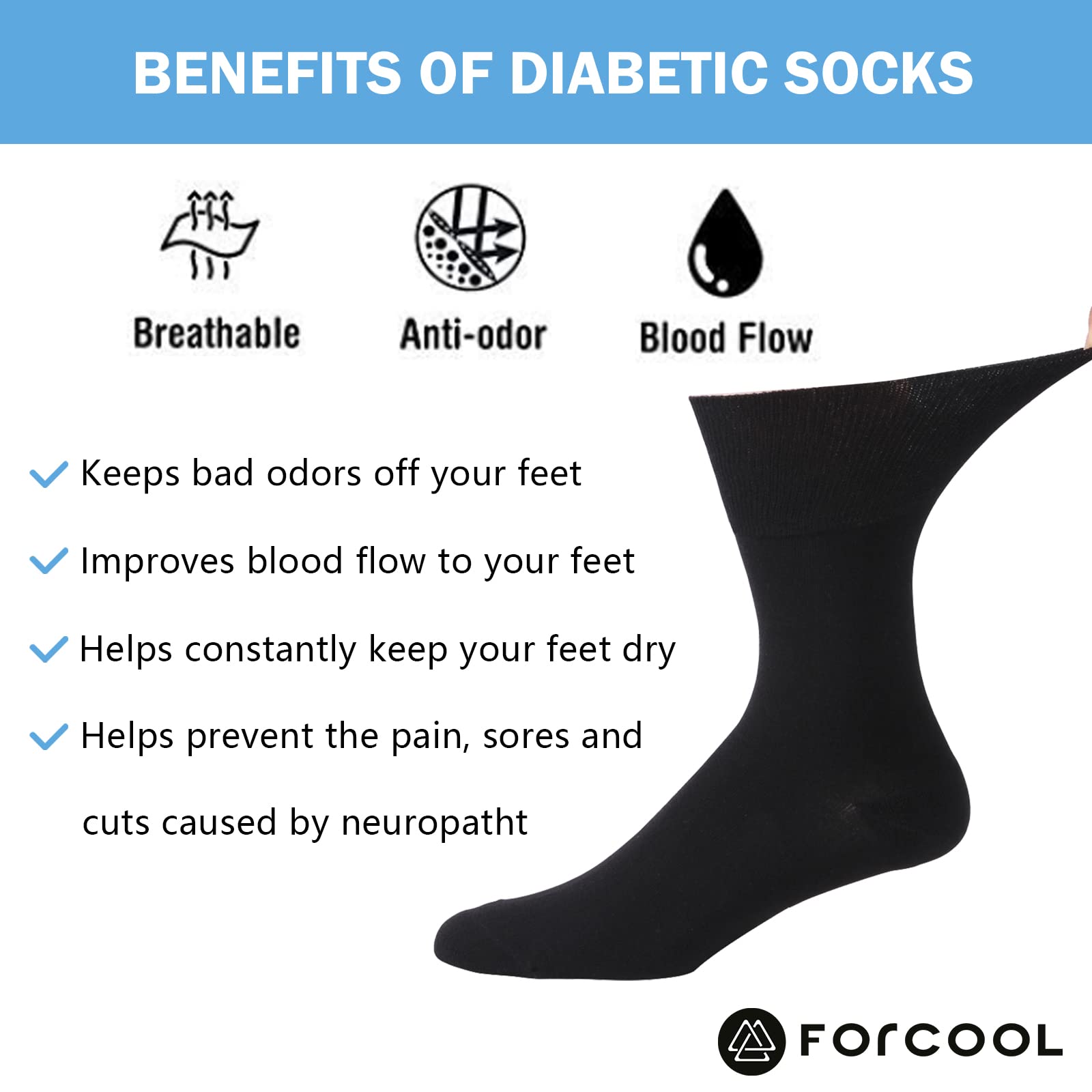 Forcool Non-Binding Diabetic Socks for Men & Women - Soft Cotton Crew Socks (M/L/XL, 3/6 Pairs) - Comfortable Non-Slip Socks for Diabetes, Swollen Feet & All-Day Wear