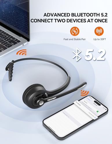TECKNET Wireless Bluetooth Headset with Noise Cancelling Microphone - Hands-Free Headphones for Truckers, Call Centers, Office & Home Use - Compatible with PC, Cellphone (Includes USB Dongle) - Perfect for Conference Calls, Online Meetings & Driving
