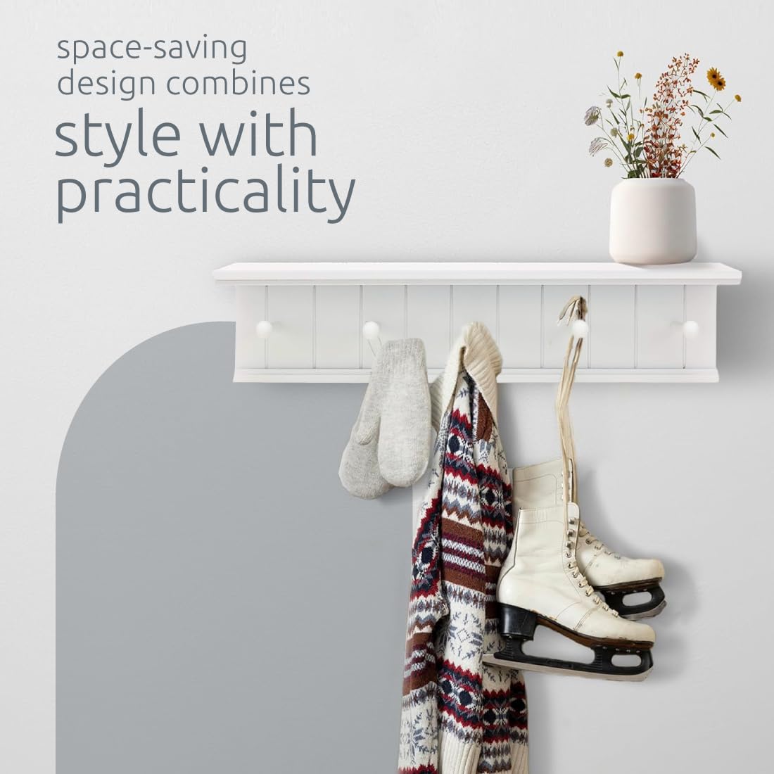 Kiera Grace Kian Floating Shelves - Modern Wall Mounted Hanging Shelf with 5 Pegs, White Coat Rack for Office, Living Room & Entryway - 24 Inch, 1 Pack