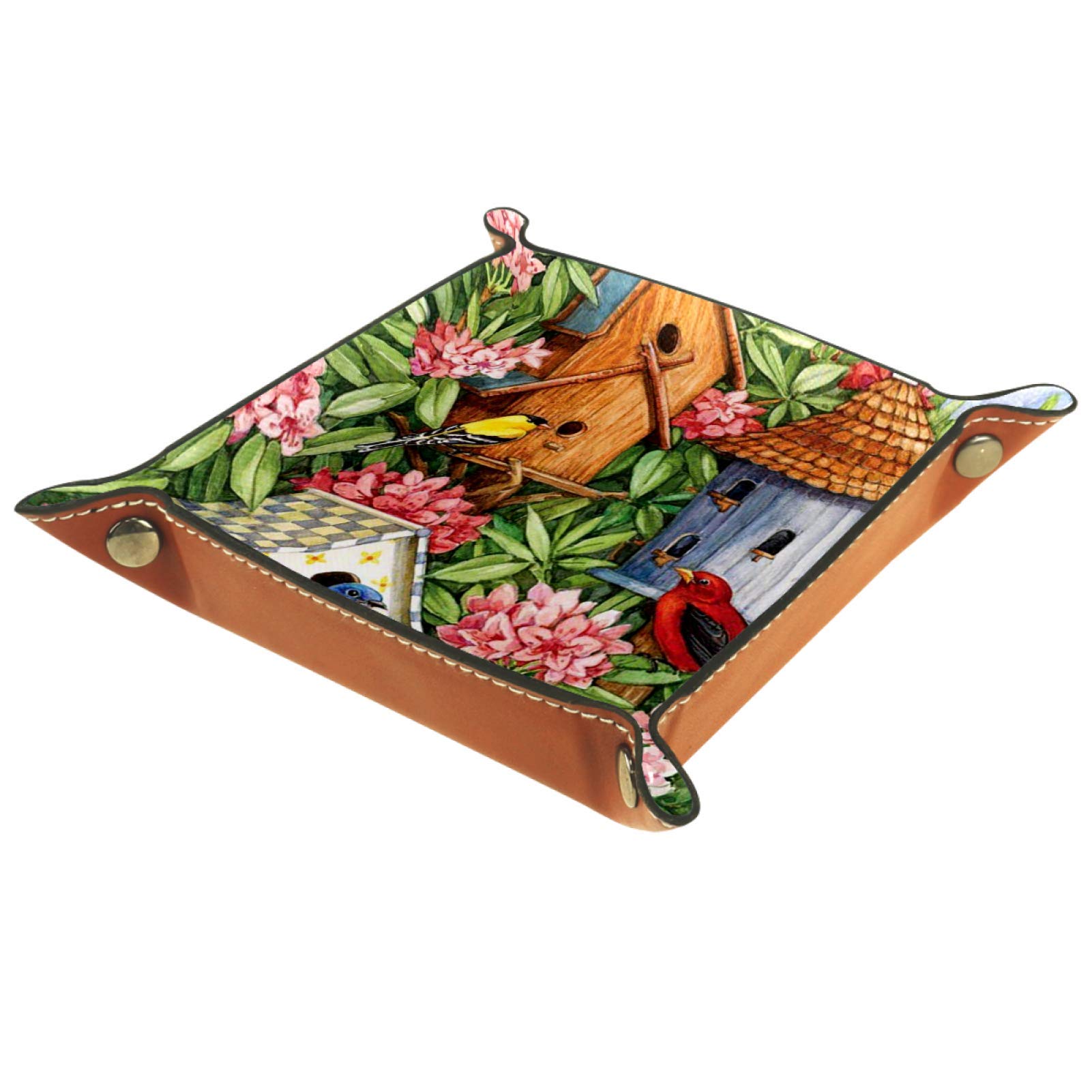 Leather Valet Tray & Jewelry Organizer - Small Storage Box for Coins, Keys, Jewelry | Mens Catchall Tray with Floral Bird Design | Perfect for Dresser Top, Nightstand & Travel Essentials Organization