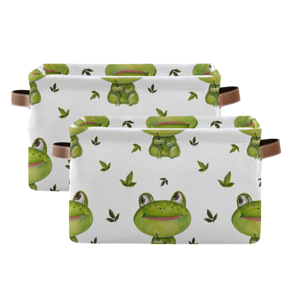 Foldable Fabric Storage Bins with Frog & Green Leaves Print - Large Capacity Closet Organizers with Reinforced Handles (2-Pack) | Space-Saving Storage Solution for Toys, Blankets & Seasonal Items | Perfect for Bedroom, Closet & Kids Room Organization | Ideal for Home, Nursery & Playroom Storage | Great for Organizing Baby Clothes, Books & Toys in Playrooms
