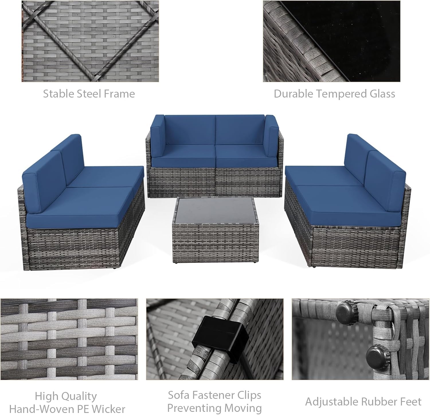 U-MAX 7-Piece Outdoor Patio Furniture Set - PE Rattan Wicker Sectional Sofa with Cushions & Coffee Table - Grey Rattan & Navy Blue Cushions - Perfect for Garden, Poolside, and Backyard Relaxation