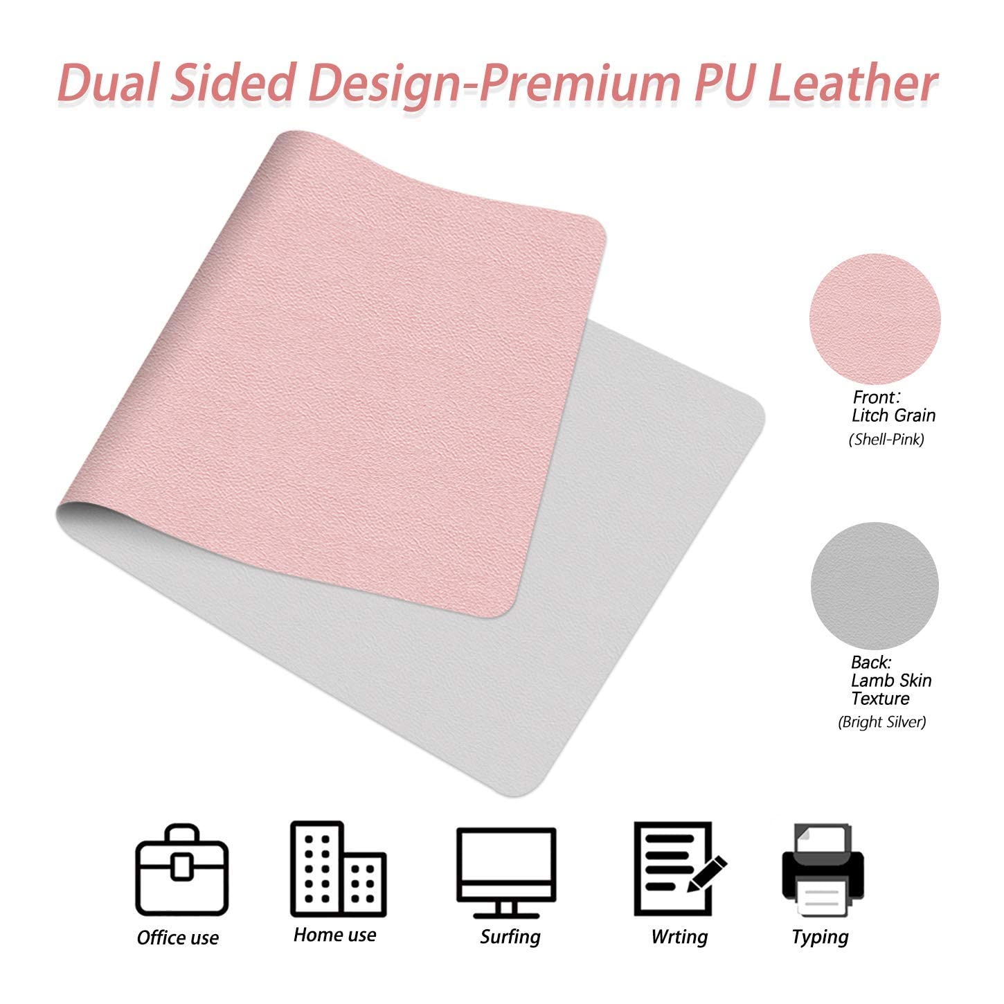 Premium PU Leather Office Desk Mat - 24x48 Inch Non-Slip Mouse Pad & Keyboard Protector - Ultra-Thin Writing Surface for Women (Shell Pink/Bright Silver) - Perfect for Home Office, Study & Workspace Organization