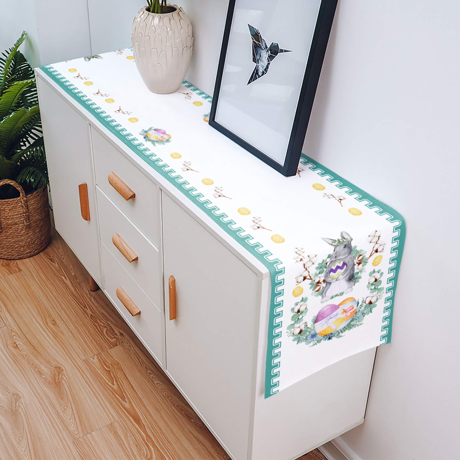 Easter Table Runner - 14x72 Inch Cotton Linen Non-Slip Tablecloth with Cute Bunny & Easter Eggs Design for Spring Holiday Dinner Parties, Home Decor - Perfect for Easter Celebrations, Dining Table Centerpiece, and Seasonal Home Decoration