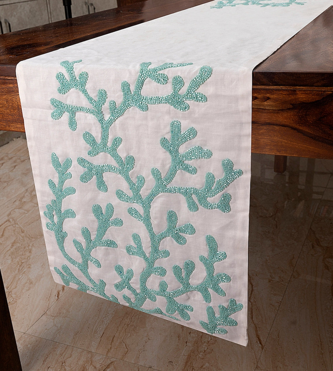 Elegant Silk Ivory Coral Beach-Themed Table Runner - Perfect for Coastal Weddings, Boho Home Decor & Summer Dining