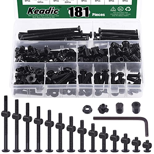 Keadic 181 Pcs M6 Black Furniture Screw Hardware Kit - Hex Socket Cap Bolts, Barrel Nuts, Wood Thread Nutsert, T-Nuts & Flange Nuts for Bed, Table, Crib Assembly & Repair | DIY Furniture Fastener Set for Home Improvement Projects