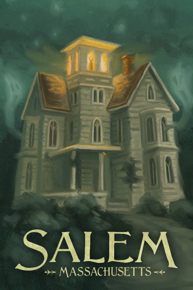 Haunted House Halloween Oil Painting - Salem Massachusetts Wall Art (12x18 Inch Gothic Poster, Spooky Home Decor) Perfect for Halloween Party Decorations & Witchy Room Aesthetic