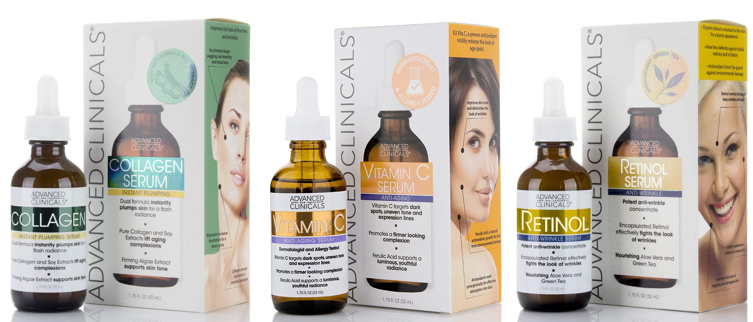 Advanced Clinicals Retinol Serum for Face, Firming Collagen Serum & Vitamin C Serum Skincare Set - Anti-Aging 3pc Kit (1.75 Fl Oz Each) for Wrinkles, Dark Spots & Youthful Glow | Perfect for Night Routine & Daily Skincare Regimen
