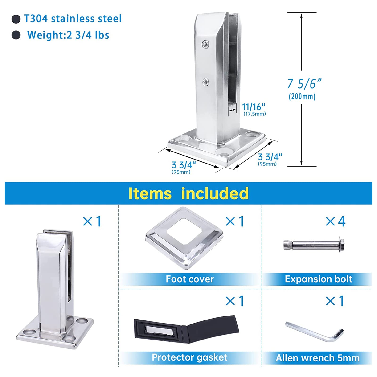 20 Adjustable Stainless Steel Glass Clamps - Black for Balustrade & Staircase Handrails