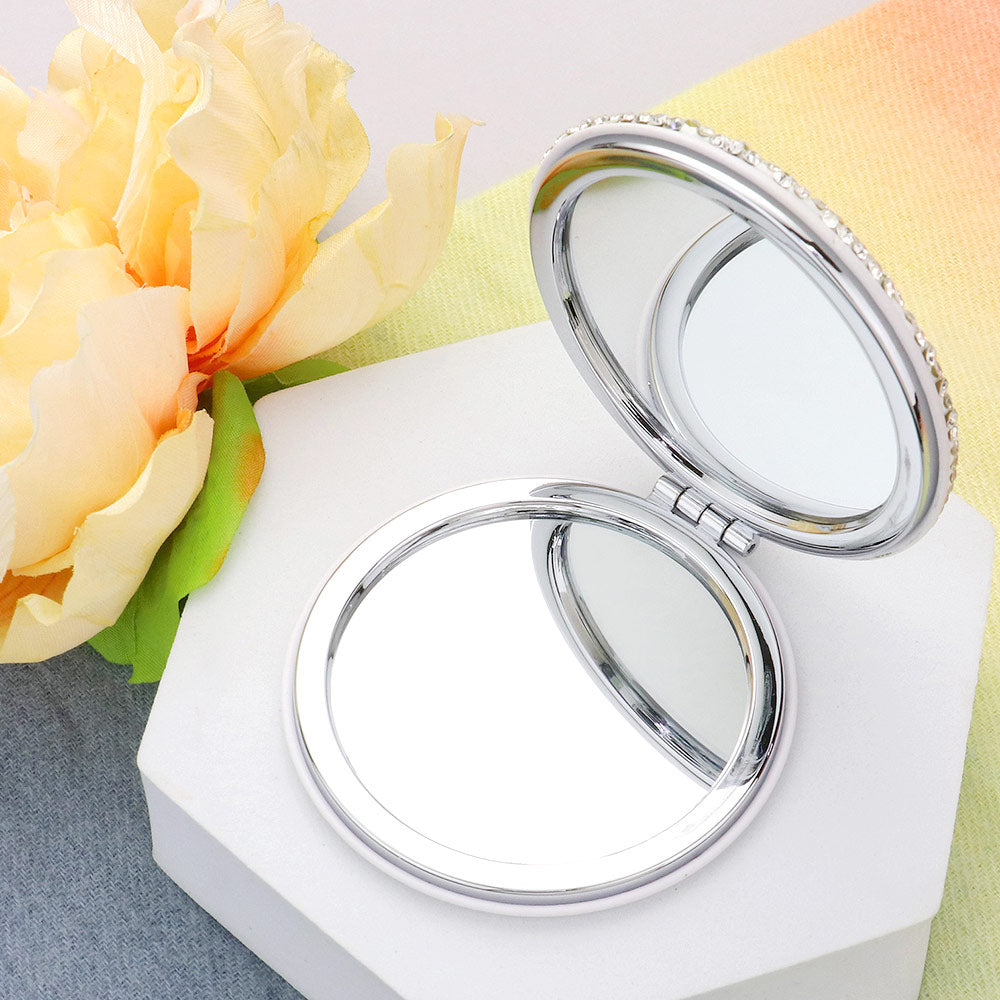 Sparkly Rhinestone Round Compact Mirror with Bling - Portable Makeup Mirror for Women & Girls - Perfect for Travel, Purse, and Vanity Use