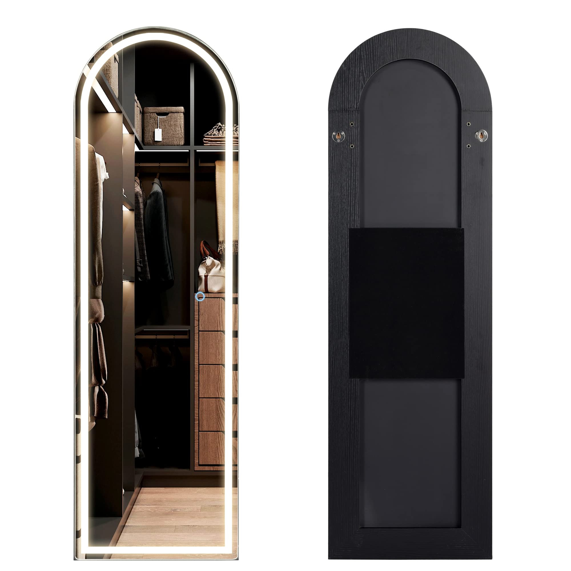 LVSOMT Full Length LED Mirror with Dimming & 3 Color Lighting - Over The Door Wall Mounted Lighted Mirror for Bedroom, Dressing Room, Gym - Black Arch Body Mirror with Adjustable Brightness
