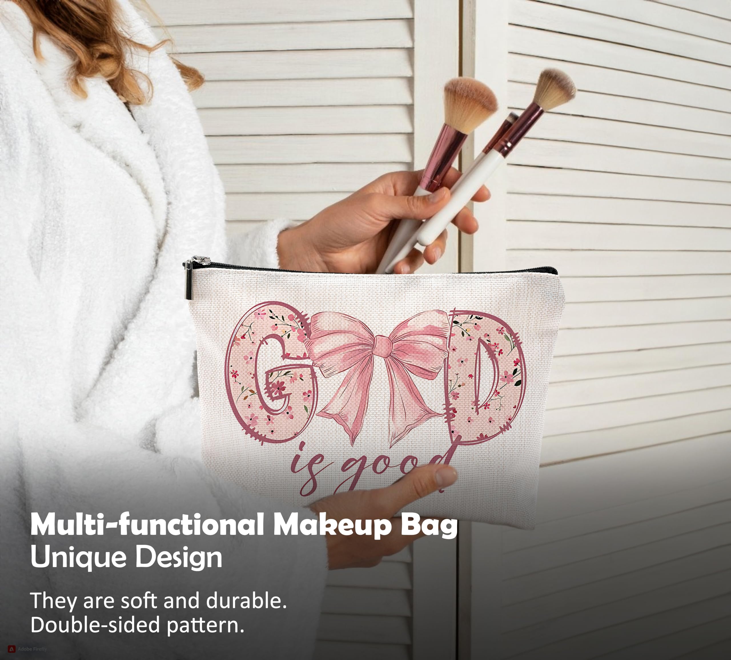 God is Good Makeup Bag - Coquette Pink Bow Cosmetic Case for Women | Christian Gifts, Cute Preppy Makeup Pouch | Perfect for Travel, Church, Bridal Showers & Birthday Presents
