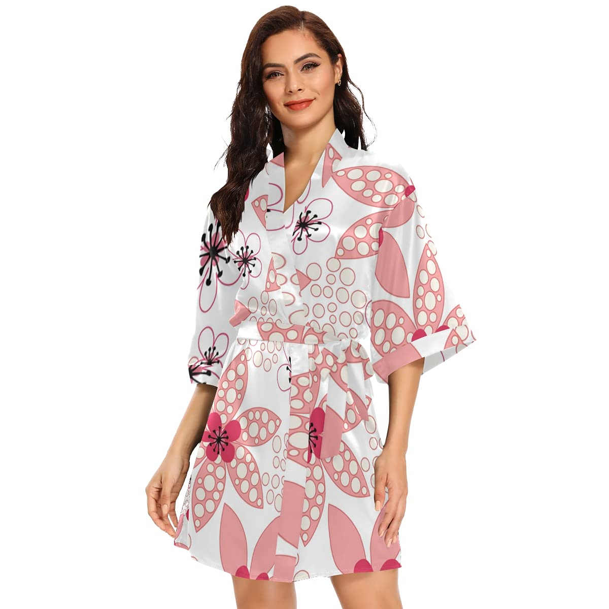 Women's Short Satin Kimono Robe - Oriental Cherry Blossom Print Silk Sleepwear & Dressing Gown - Soft Lightweight Loungewear for Spa, Sleep & Relaxation (Sizes S-XXL)