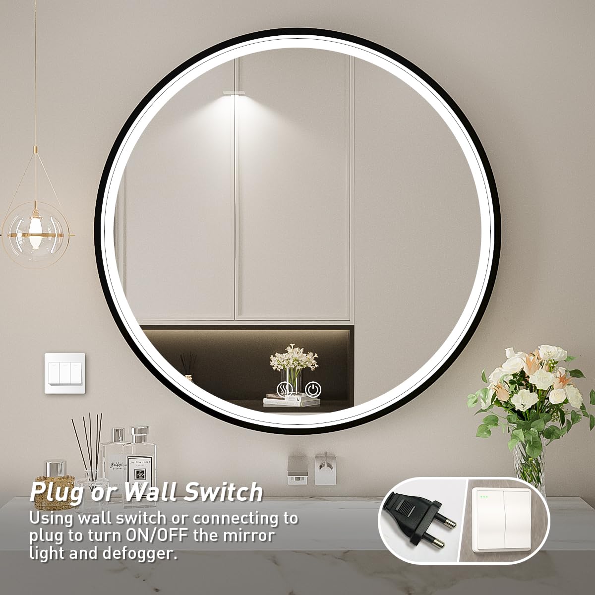 24 Inch Round LED Bathroom Mirror with Anti-Fog & Dimmable Touch Switch - Black Metal Frame Vanity Mirror, Waterproof IP54, 90+ CRI - Perfect for Makeup, Shaving & Home Decor