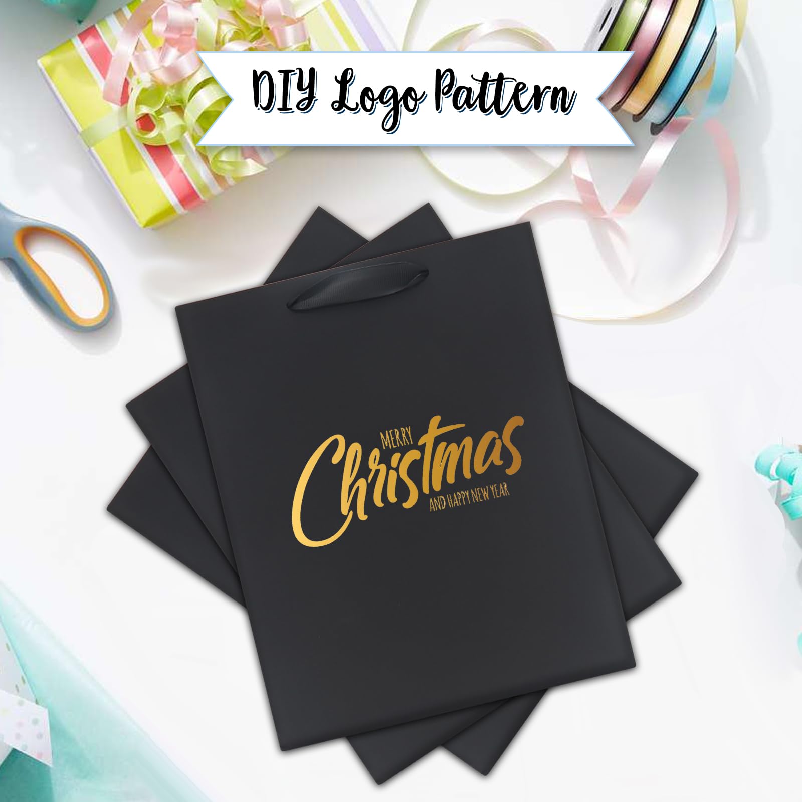 12 Pack Black Gift Bags with Ribbon Handles - 8x4.75x10 Inch Medium Kraft Paper Bags for Party Favors, Business Gifts, Weddings, Holidays & Christmas - Perfect for Birthday Parties, Corporate Events and Festive Celebrations