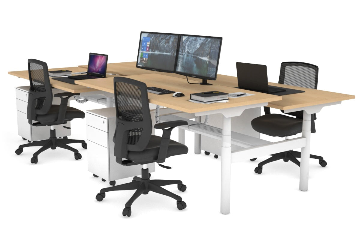 Flexi Premium Height Adjustable 4-Person H Bench Workstation - White Frame [1200L x 800W with Cable Management] - Ideal for Office, Coworking Spaces & Collaborative Work Environments