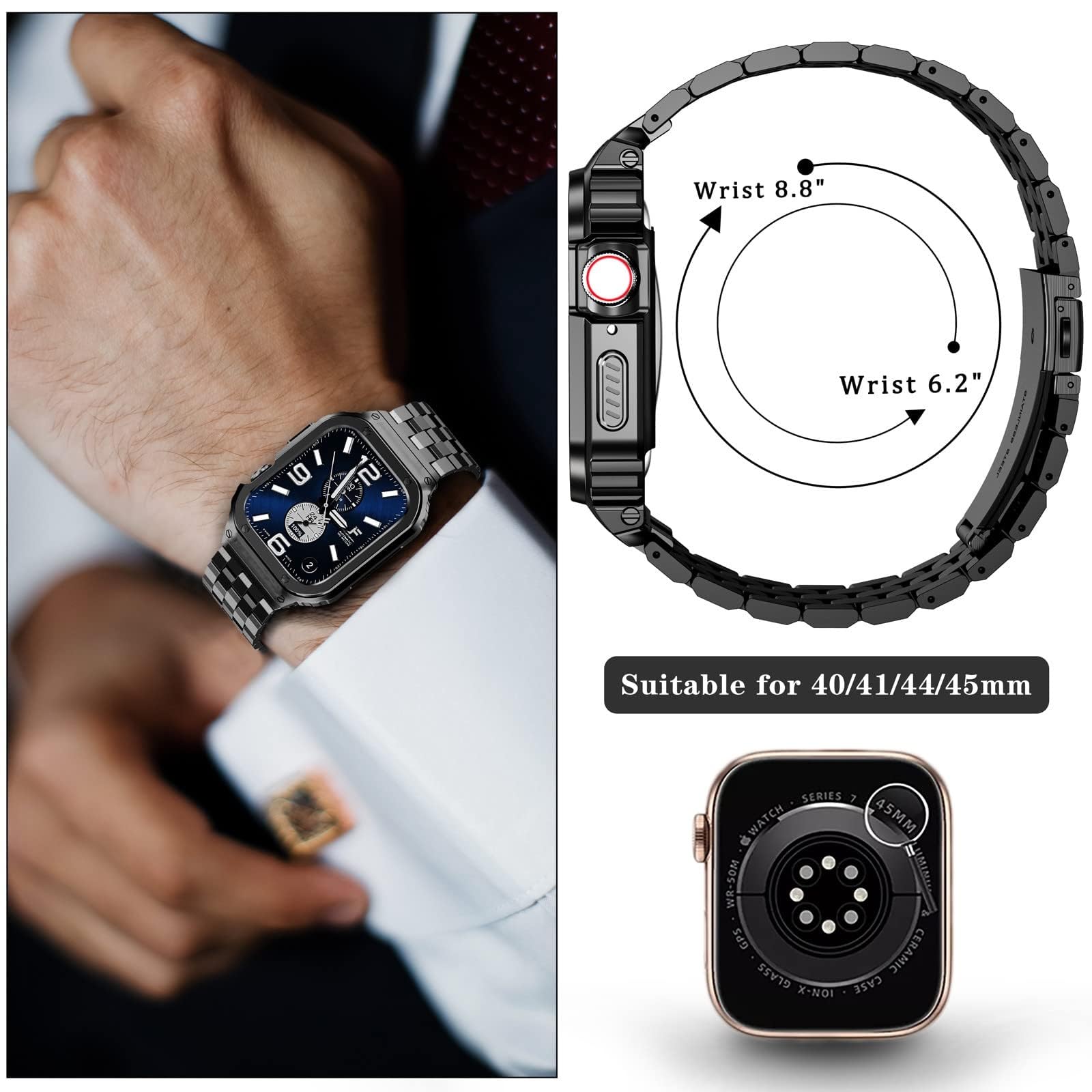 SUPLINK Stainless Steel Band & Protective Case for Apple Watch 40mm 41mm 38mm - Rugged Metal Cover Bumper Strap Compatible with iWatch Series 9/8/7/6/5/4/3/2/1/SE - Durable Unisex Design in Black | Perfect for Outdoor Activities, Workouts & Everyday Wear