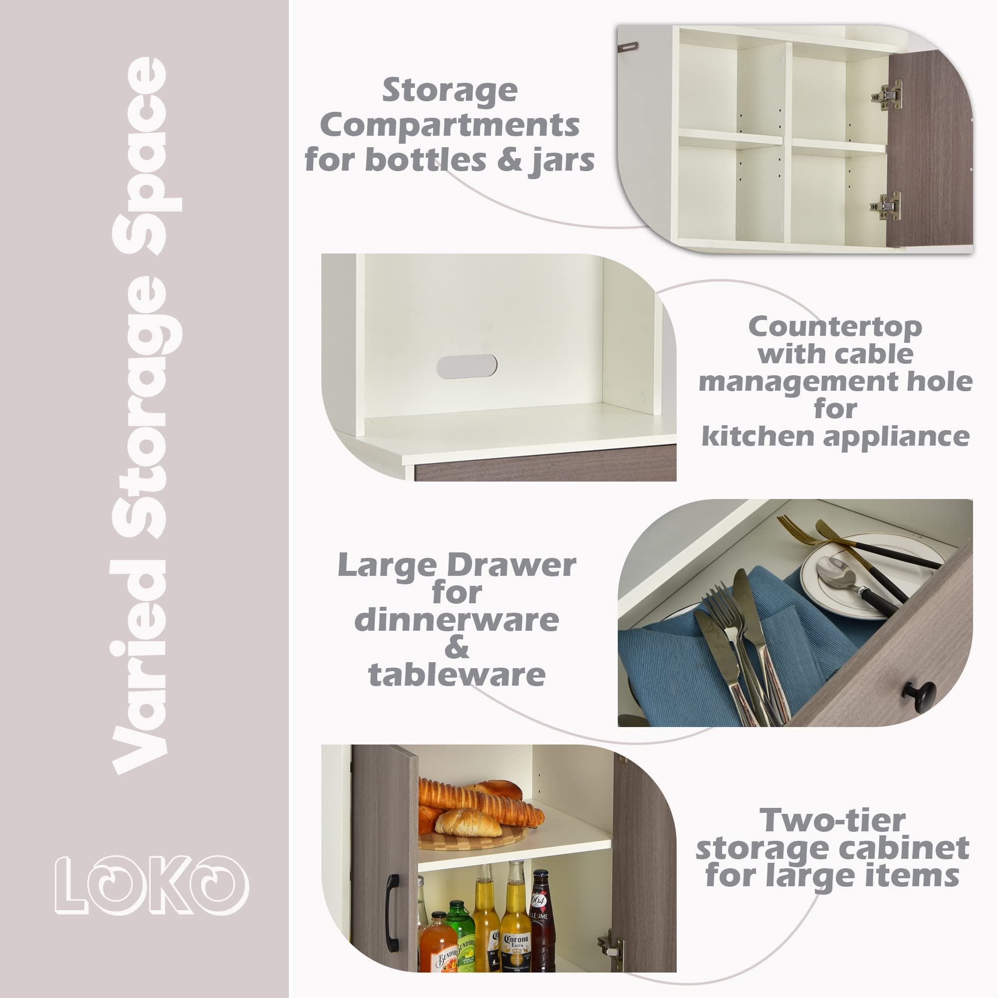 LOKO White Kitchen Pantry Storage Cabinet with Hutch, Doors & Shelves - Compact Microwave Stand & Drawers - 24