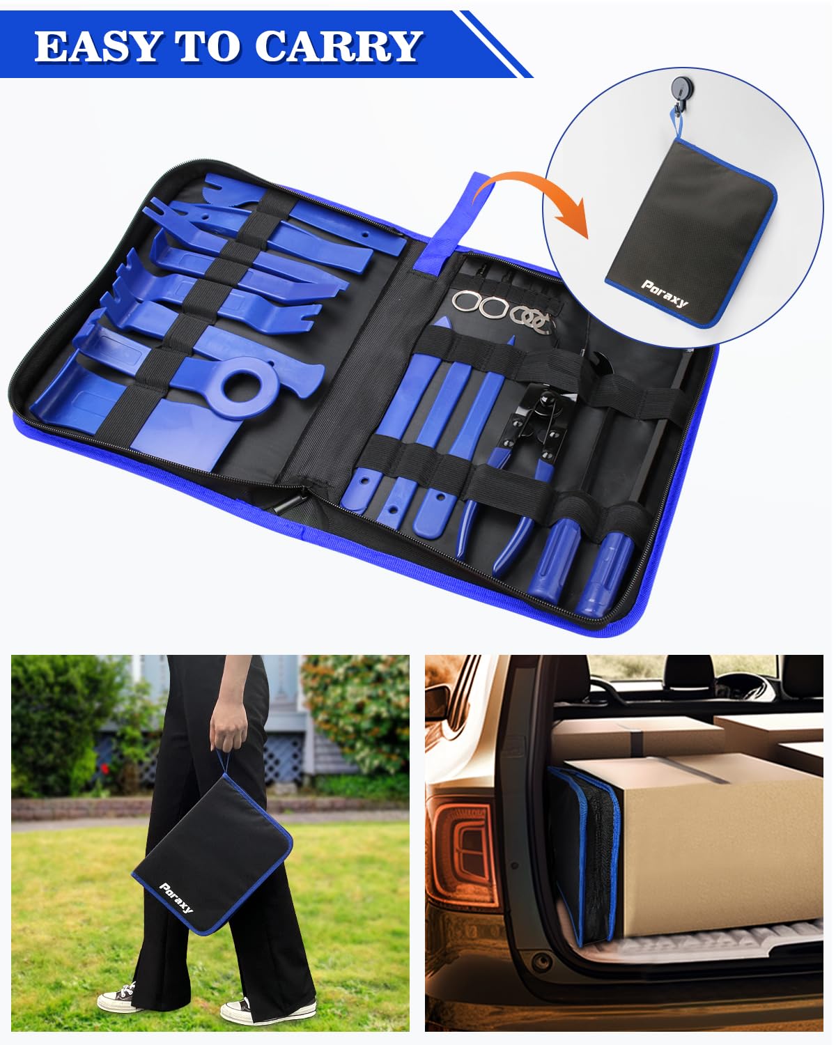 Poraxy 19Pcs Car Trim Removal Tool Kit - Auto Panel Door Dashboard Clip Pliers & Plastic Pry Tools for Audio Installation & Upholstery Removal | Professional Automotive Repair & DIY Accessories