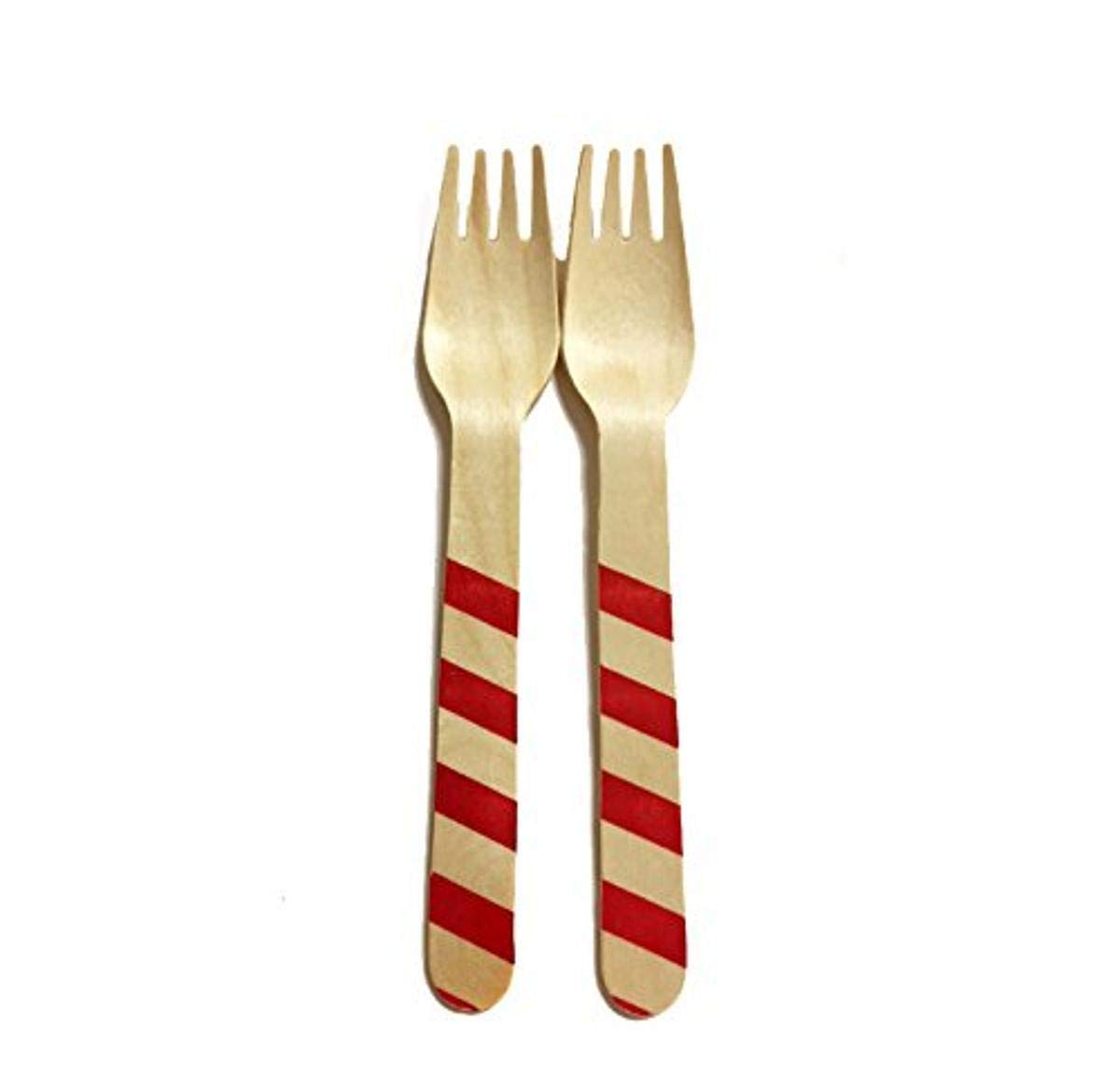 Premium Red Striped Wooden Forks - 6