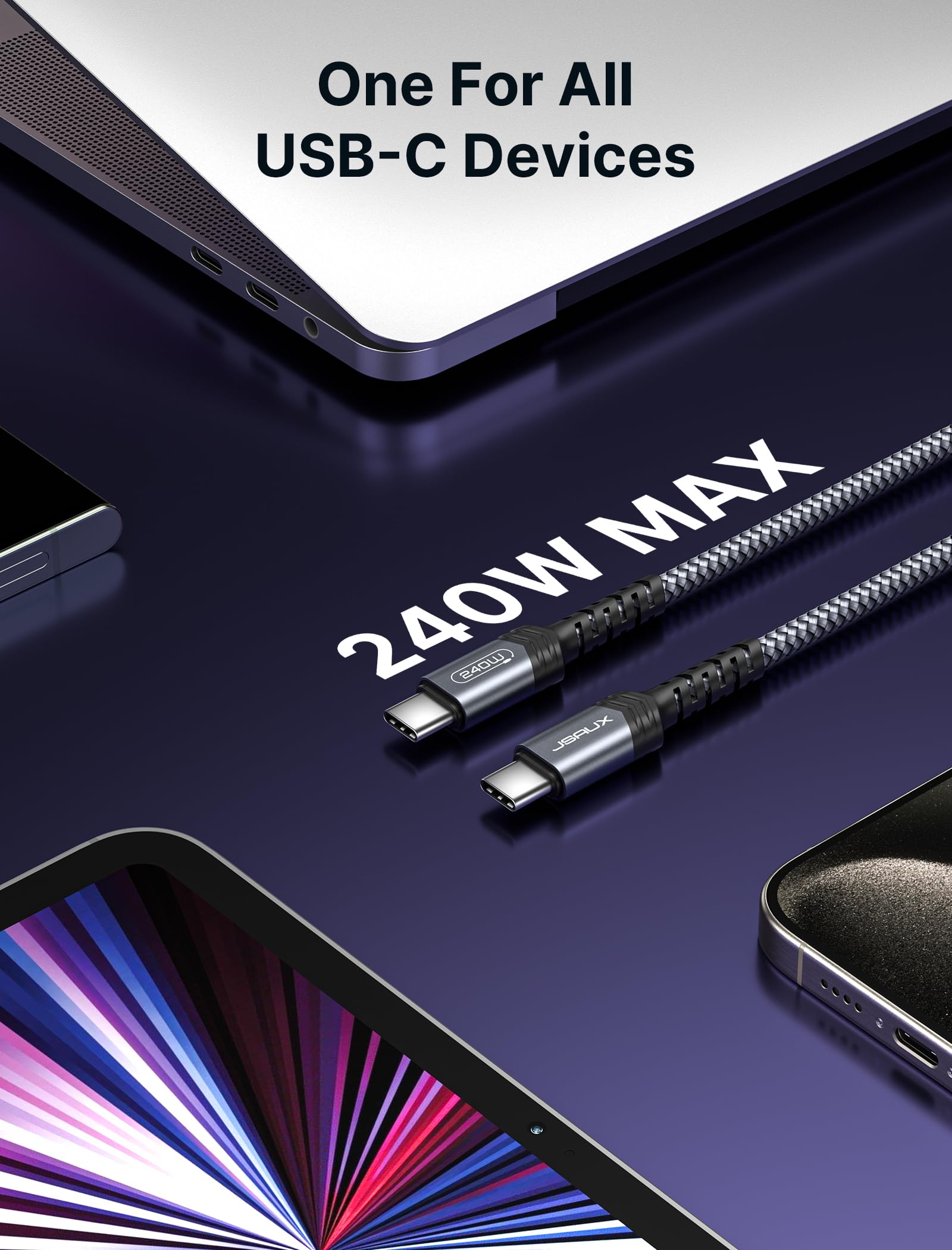 JSAUX 240W USB-C to USB-C Fast Charging Cable 10FT, USB C to C Cord Compatible with MacBook Pro/Air, iPad Pro/Air, Dell, iPhone 16/16 Pro Max, iPhone 15 Series, Samsung Galaxy S24/S22/S21, Pixel - Grey | High Speed Charging for Laptops, Tablets & Phones | Perfect for Home, Office & Travel