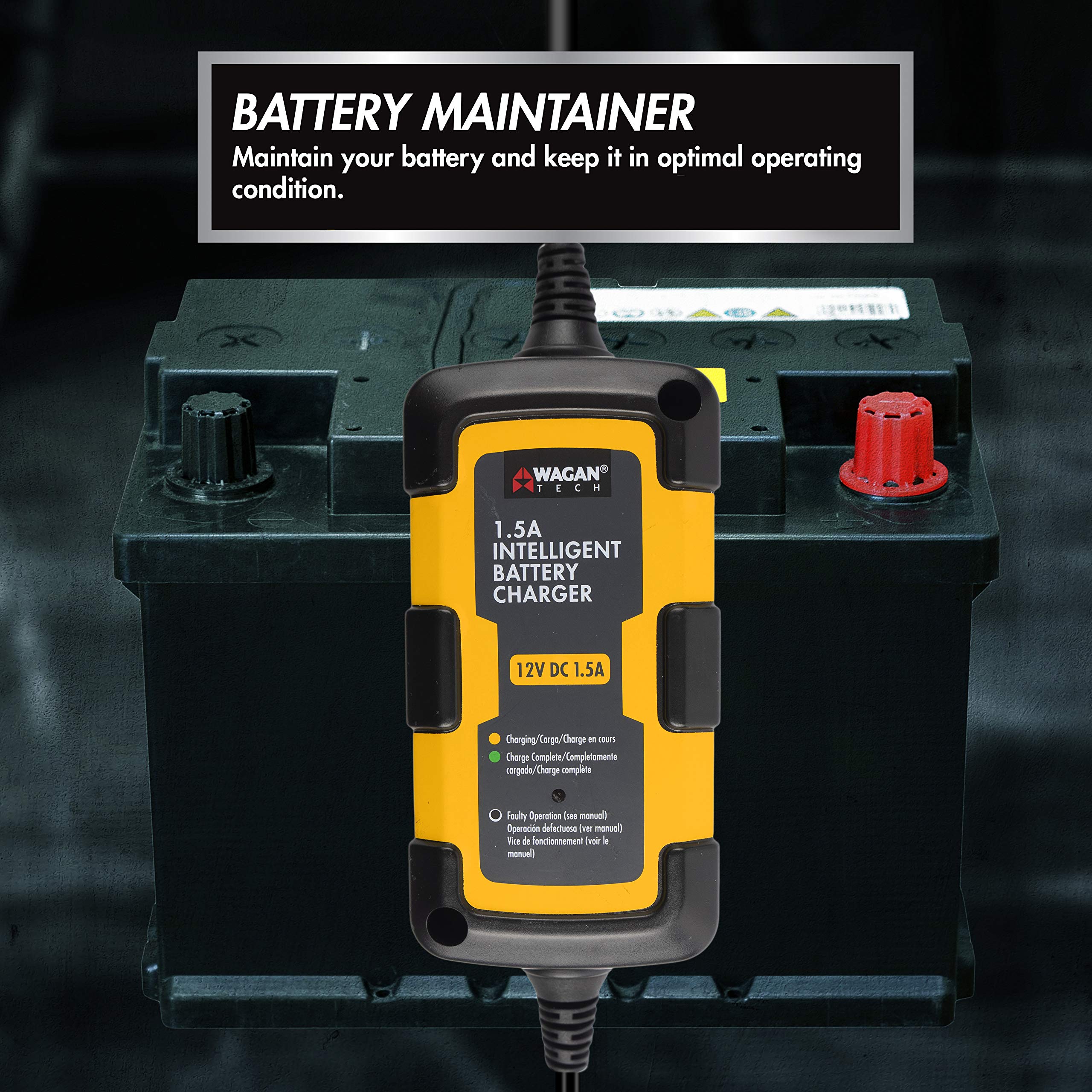 Wagan EL7402 12V 1.5A Smart Battery Charger & Maintainer - Fully Automatic for Cars, Motorcycles, Boats & RVs - Ideal for Long-Term Storage & Winter Maintenance