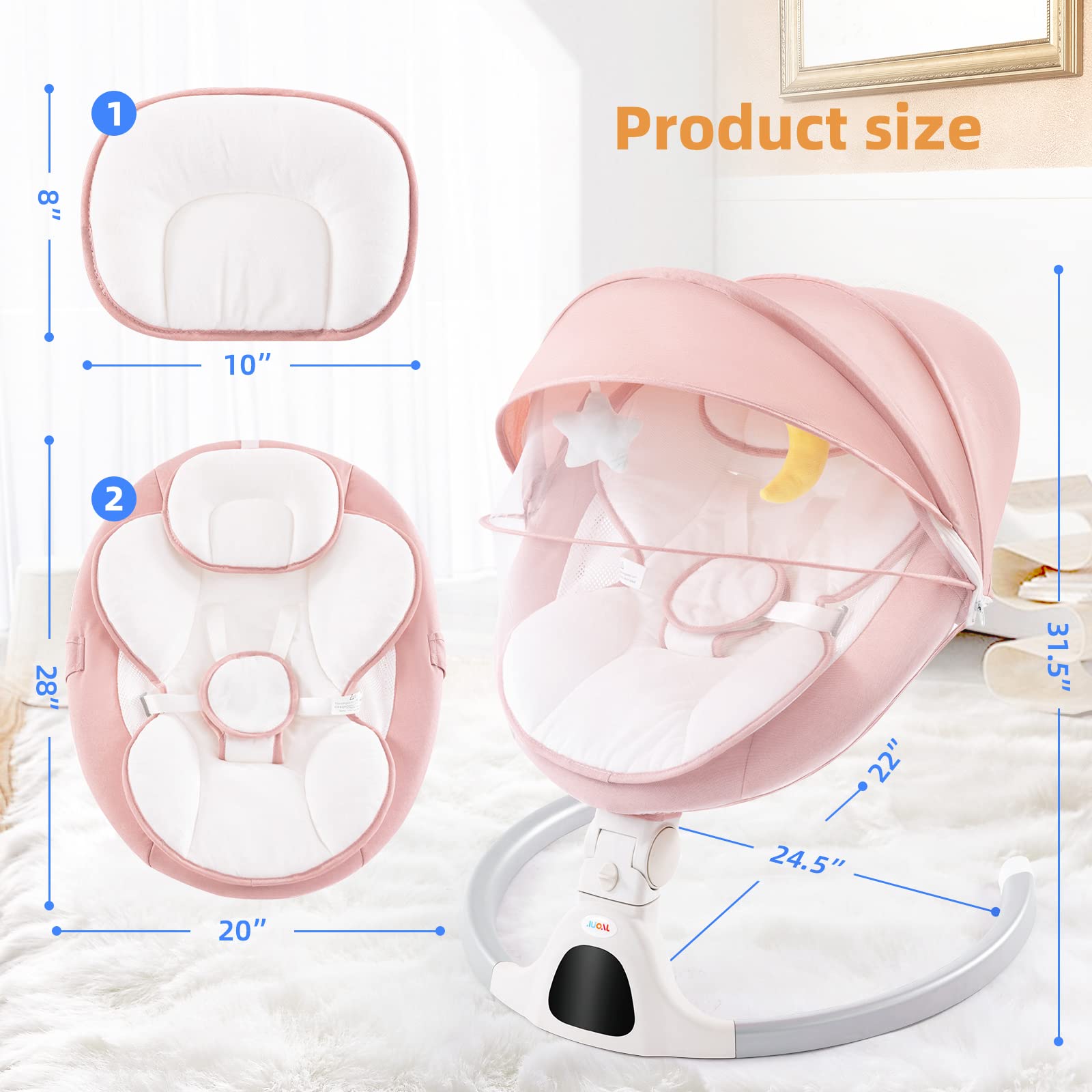Jaoul Baby Swing for Infants - Electric Portable Infant Swing with Bluetooth, Touch Screen & Remote Control - 5 Speed Settings & 3 Reclining Positions - Baby Bouncer for Newborns (Pink) - Perfect for Nursery, Travel & Soothing Fussy Babies