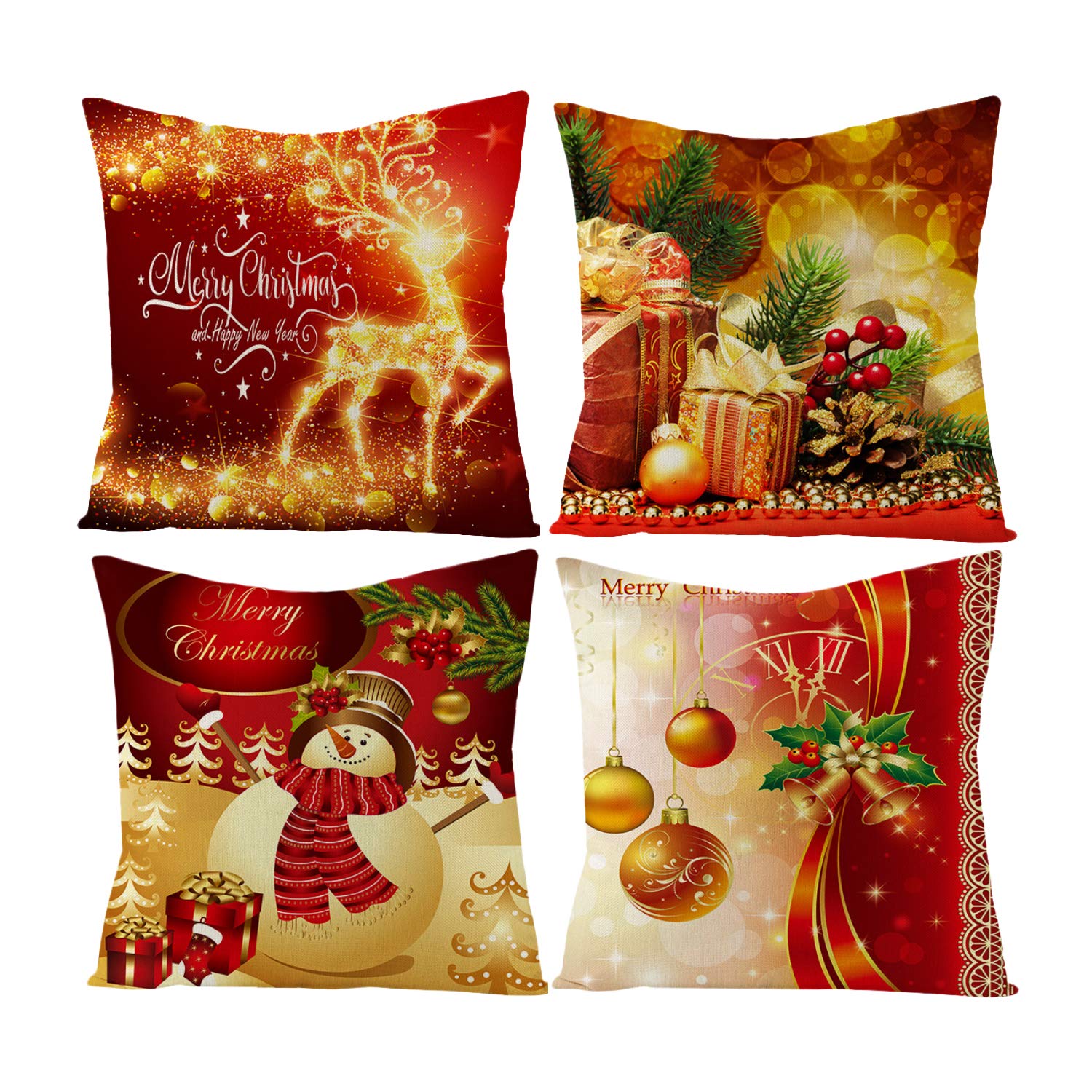 4PCS Christmas Throw Pillow Covers - 18x18 Inch Red Holiday Decorative Cotton Square Cushion Cases for Sofa, Bed, Couch - Perfect for Christmas Home Decor, Party & Winter Cozy Living Room
