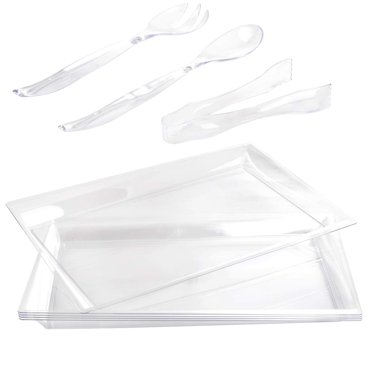 WELLIFE 24-Piece Disposable Plastic Serving Tray Set - 6 Rectangle Buffet Platters (15x10 Inch), 6 Serving Spoons (10 Inch), 6 Forks (10 Inch), 6 Tongs (6.3 Inch) - Perfect for Parties, Catering, Picnics & Outdoor Events