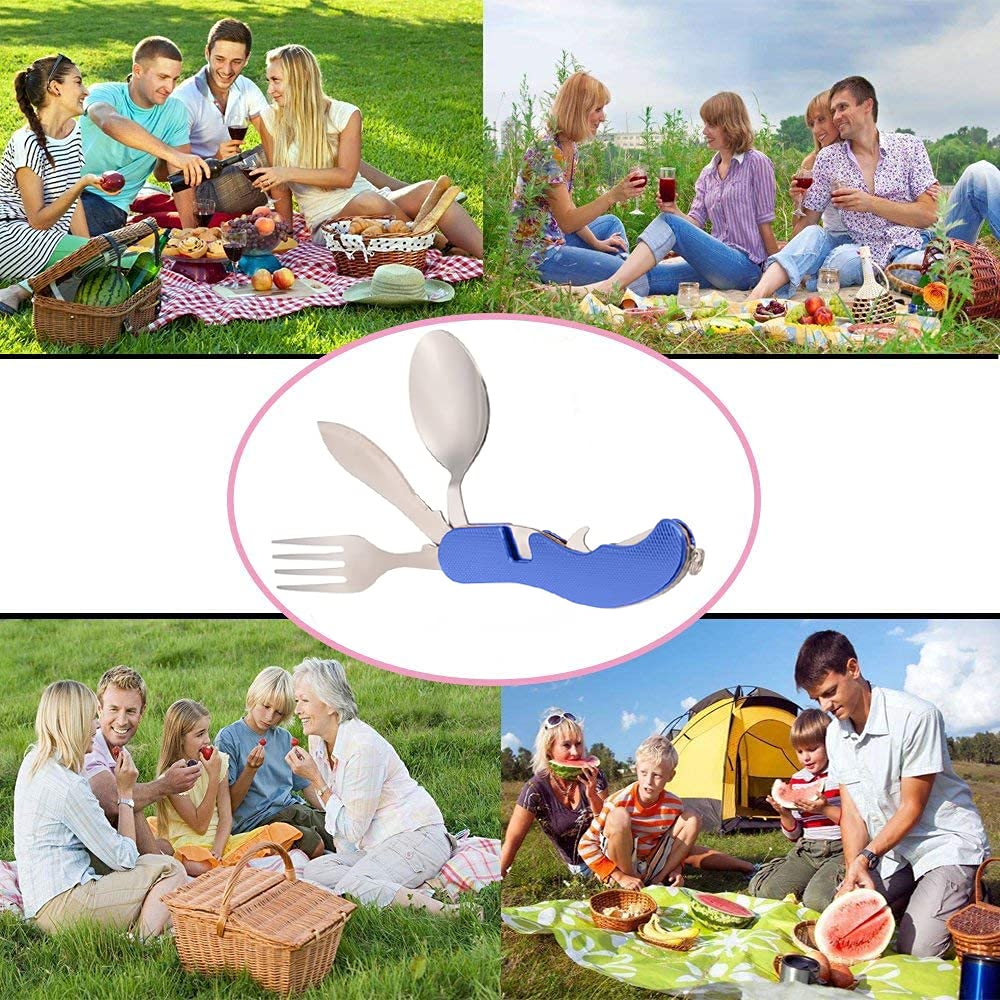4-in-1 Camping Flatware Set - Stainless Steel Spoon, Fork, Knife & Bottle Opener Combo - Compact Folding Utensils for Hiking, Picnics & Outdoor Adventures (Blue)