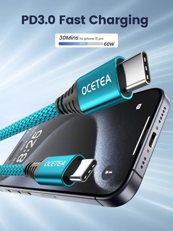 Ocetea USB C to C Fast Charger Cable 3.1A - Compatible with iPhone 15/15 Pro/15 Pro Max, MacBook Pro, iPad Pro, Galaxy S24/S23 Ultra, Pixel - 2-Pack 1M - Perfect for Home, Office & Travel Charging