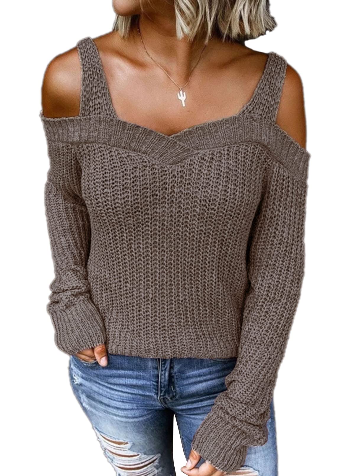 EVALESS Women's Waffle Knit Long Sleeve Cold Shoulder Sweater - Cute Plain Pullover Top for Fall & Winter | Casual Outfit, Date Night, Office Wear