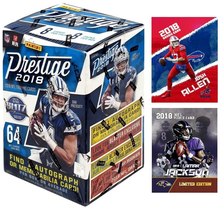 2018 Panini PRESTIGE Football Card Factory Sealed Box - 64 Cards with 1 Autograph or Jersey Card Per Box - Rookie Cards of Josh Allen, Lamar Jackson, Saquon Barkley & Nick Chubb - Collectible Trading Cards for NFL Fans - Perfect for Sports Memorabilia Collectors and Fantasy Football Enthusiasts