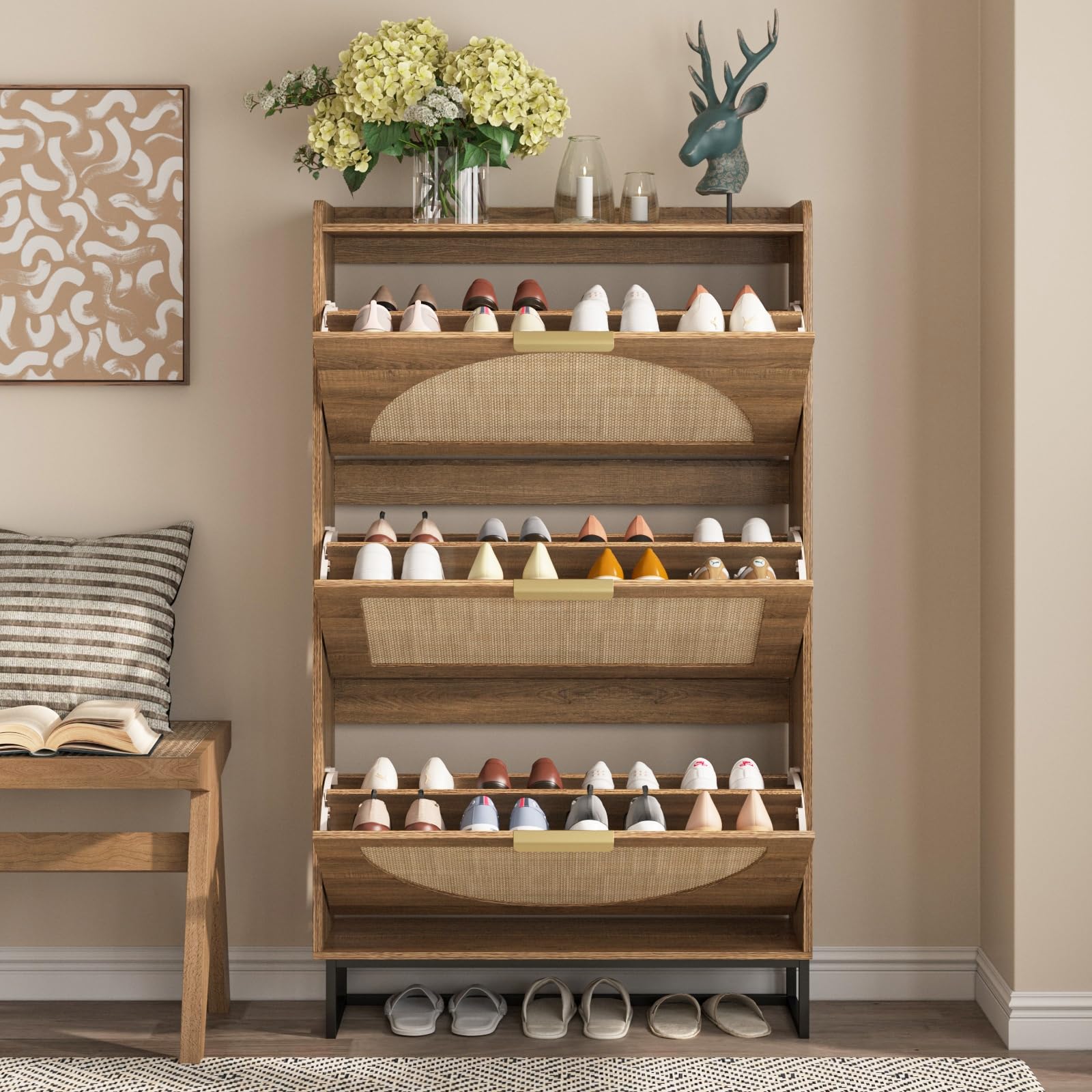 Maupvit 3-Tier Rattan Shoe Storage Cabinet with Flip Drawers - Freestanding Entryway Shoe Organizer with Metal Legs & Hidden Golden Handles - Rustic Oak Narrow Shoe Rack for Hallway, Bedroom, or Closet Organization