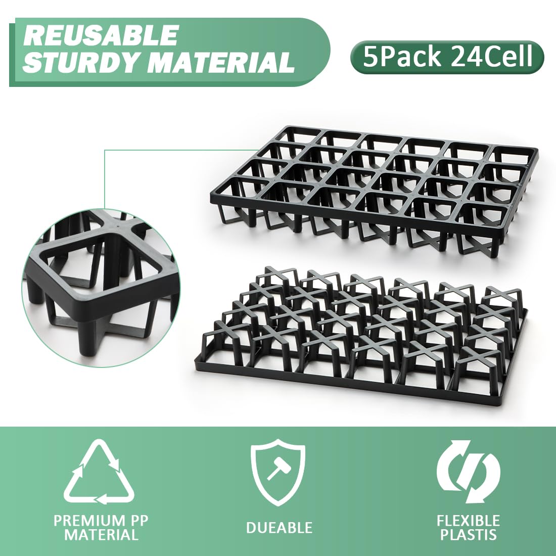 5 Pack Square Nursery Pot Trays - 24 Cells Each (120 Total) | Durable Plastic Plant Trays for Flower Pots | Seed Starting & Transplanting | Perfect for Indoor Gardening, Greenhouses & Plant Nurseries