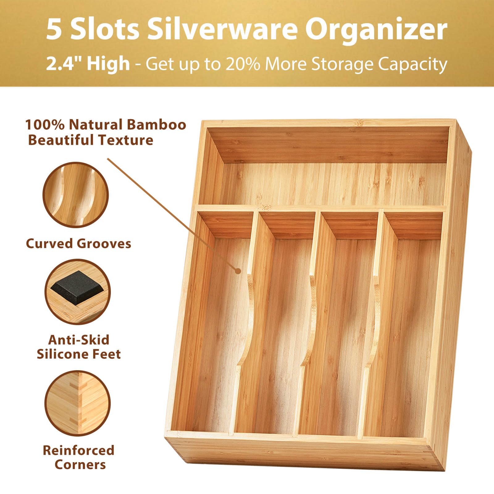 Umilife 10 Inch Bamboo Kitchen Drawer Organizer - Silverware Utensil Tray with Non-Slip Feet & Grooved Divider, 5-Slot Flatware Holder for Knives, Forks, Spoons - Perfect for Kitchen, Office, RV & Dorm Organization