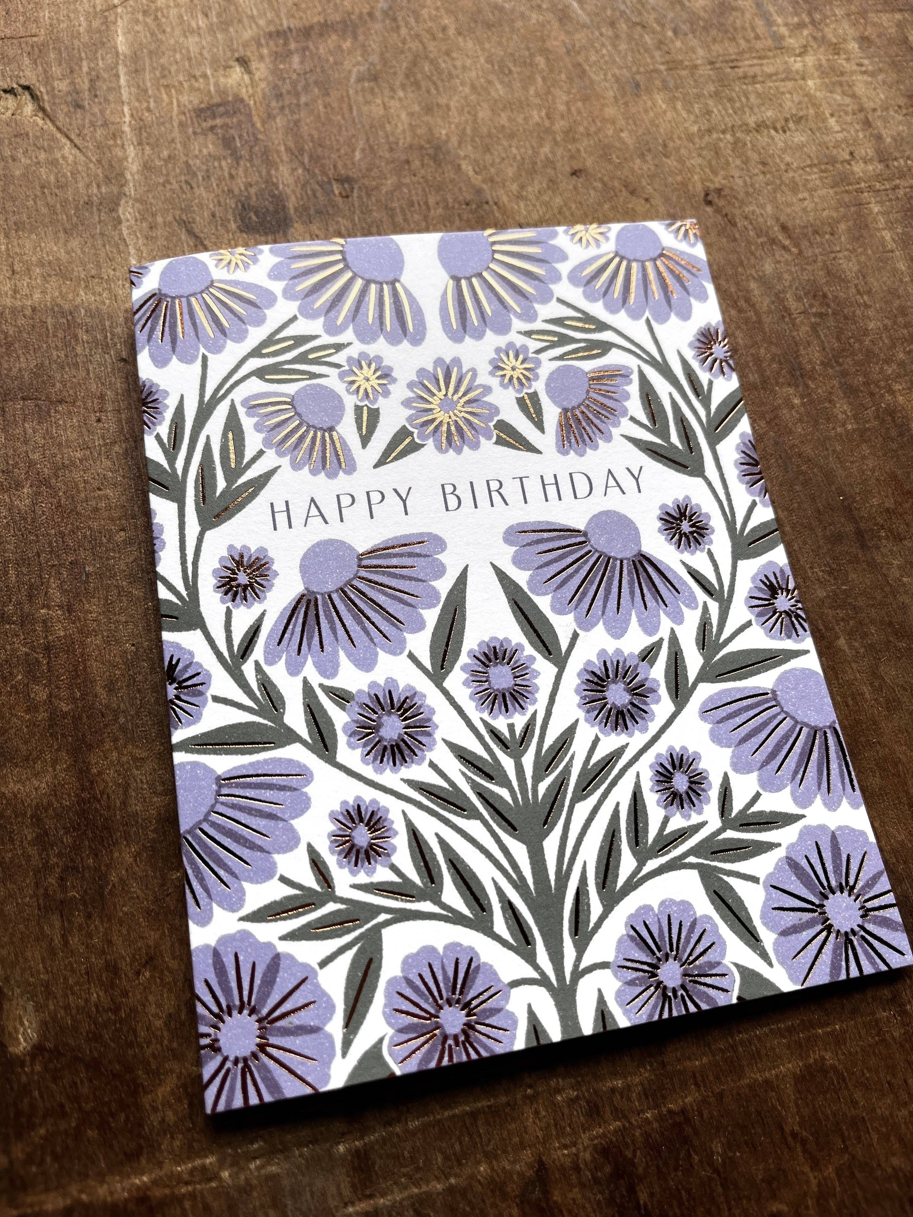 Beautiful Purple Floral Happy Birthday Card - Elegant Greeting Card for Women, Men, Friends & Family - Perfect for Birthdays, Anniversaries & Special Occasions