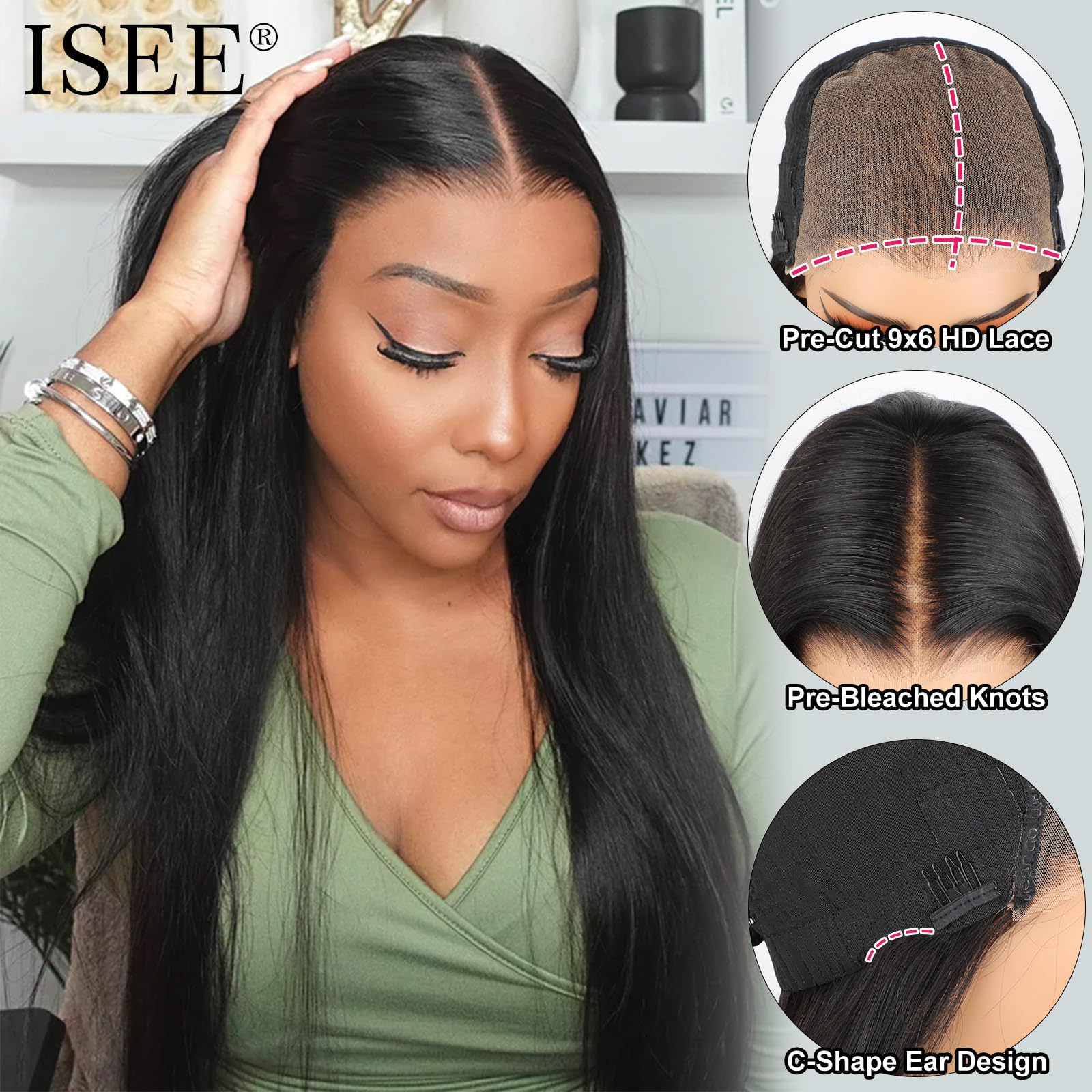 ISEE HAIR 18 Inch Glueless Human Hair Wig - Pre Plucked, Pre Cut, 9x6 HD Lace with Bleached Knots | Straight Wear & Go Wigs for Women | Perfect for Daily Wear, Special Occasions & Protective Styling