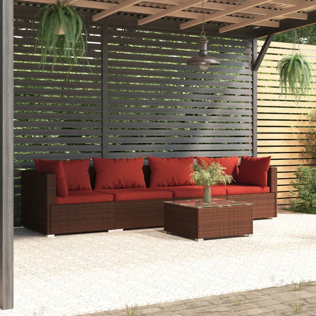 vidaXL Brown Patio Furniture Set with Red Cushions - 4-Piece Outdoor Dining Set with Table for Garden, Deck, and Backyard Relaxation