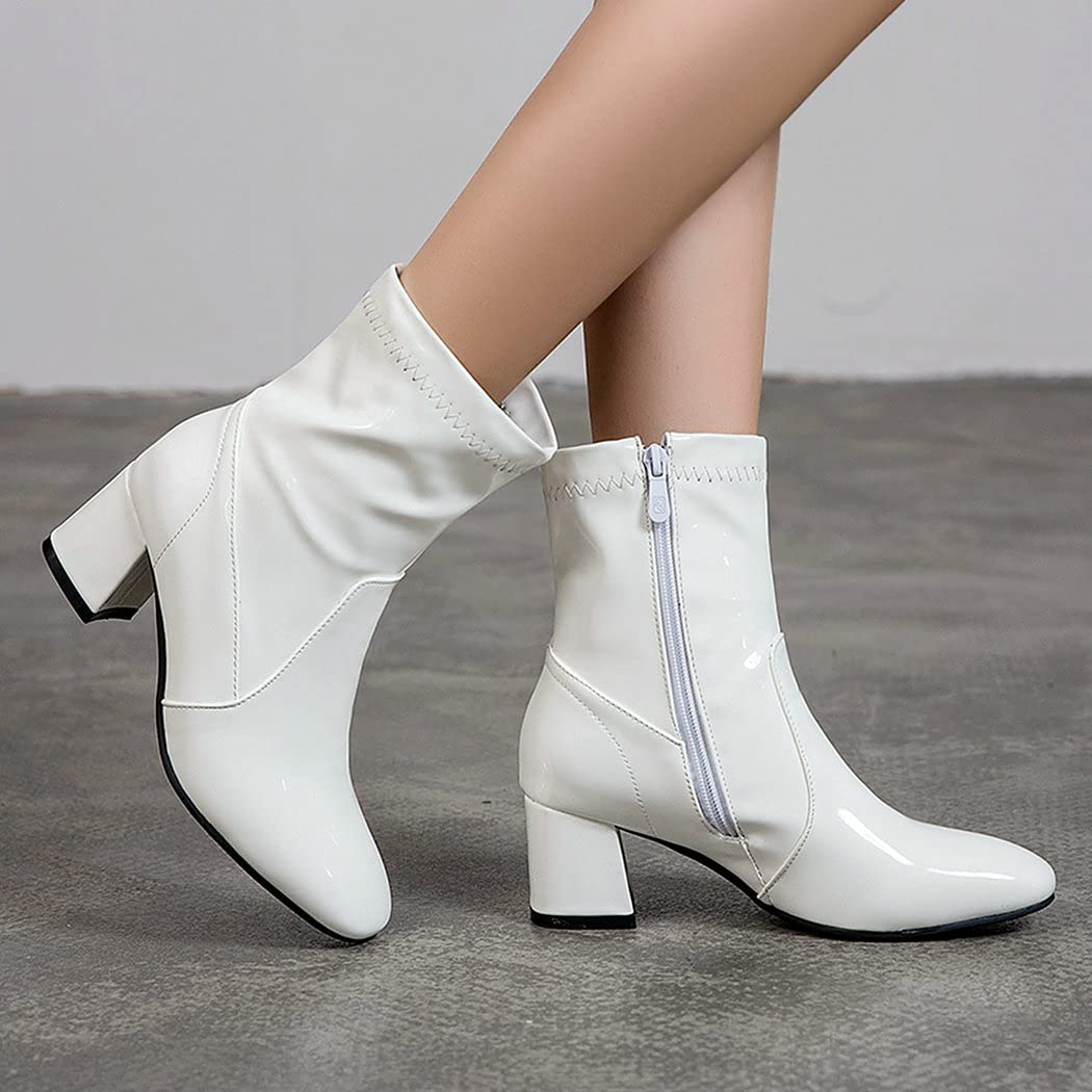 KIKIVIVI Women's Mid Block Heel Ankle Boots - Patent Leather Dress Booties with Zipper for Party, Work & Night Out | Comfortable & Stylish Shoes for Women
