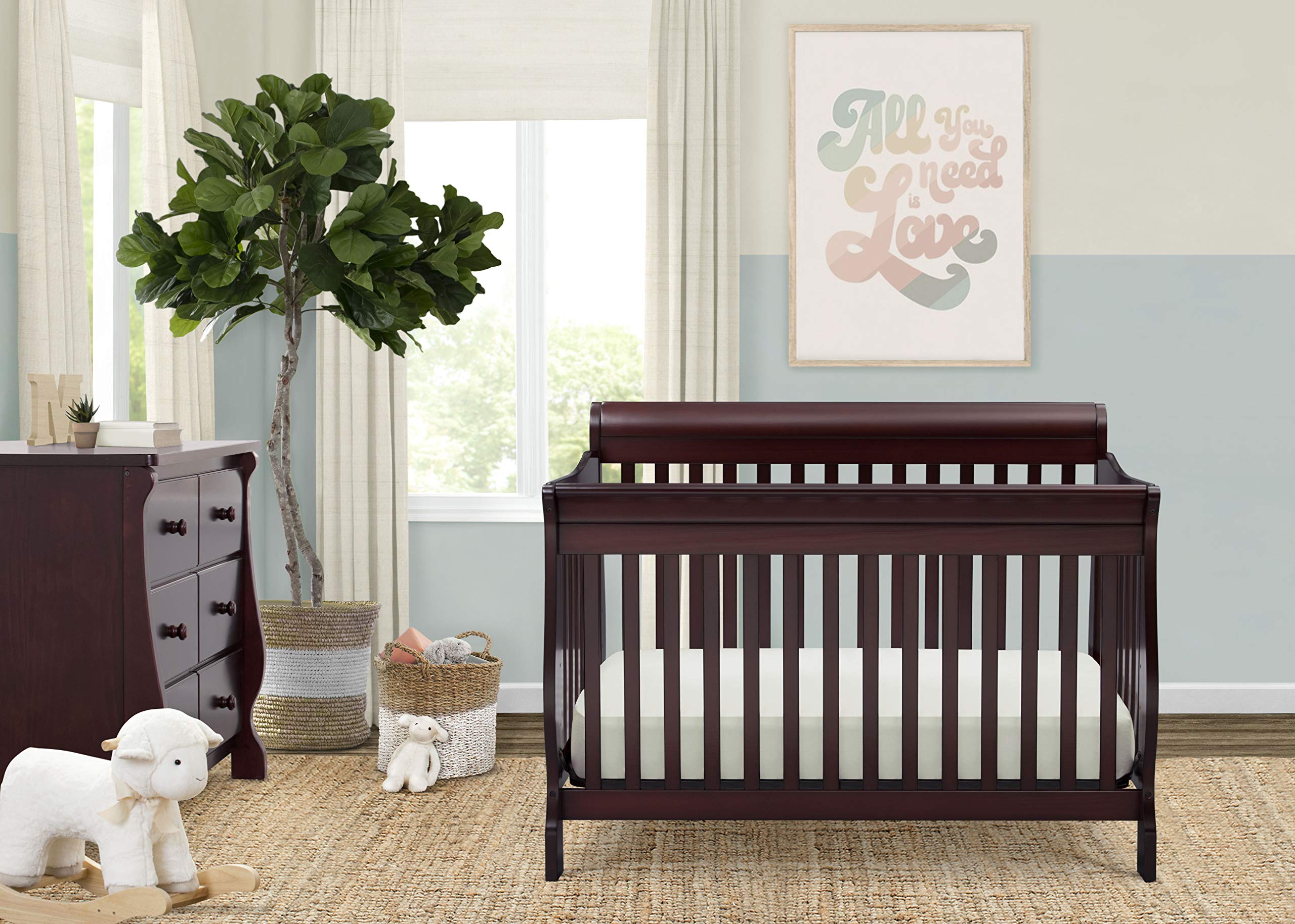 Delta Children Canton 4-in-1 Convertible Crib with Serta Perfect Slumber Mattress - Espresso Cherry Finish | Converts to Toddler Bed, Daybed & Full-Size Bed | Eco-Friendly Recycled Fiber Core | Nursery & Kids Room Essential