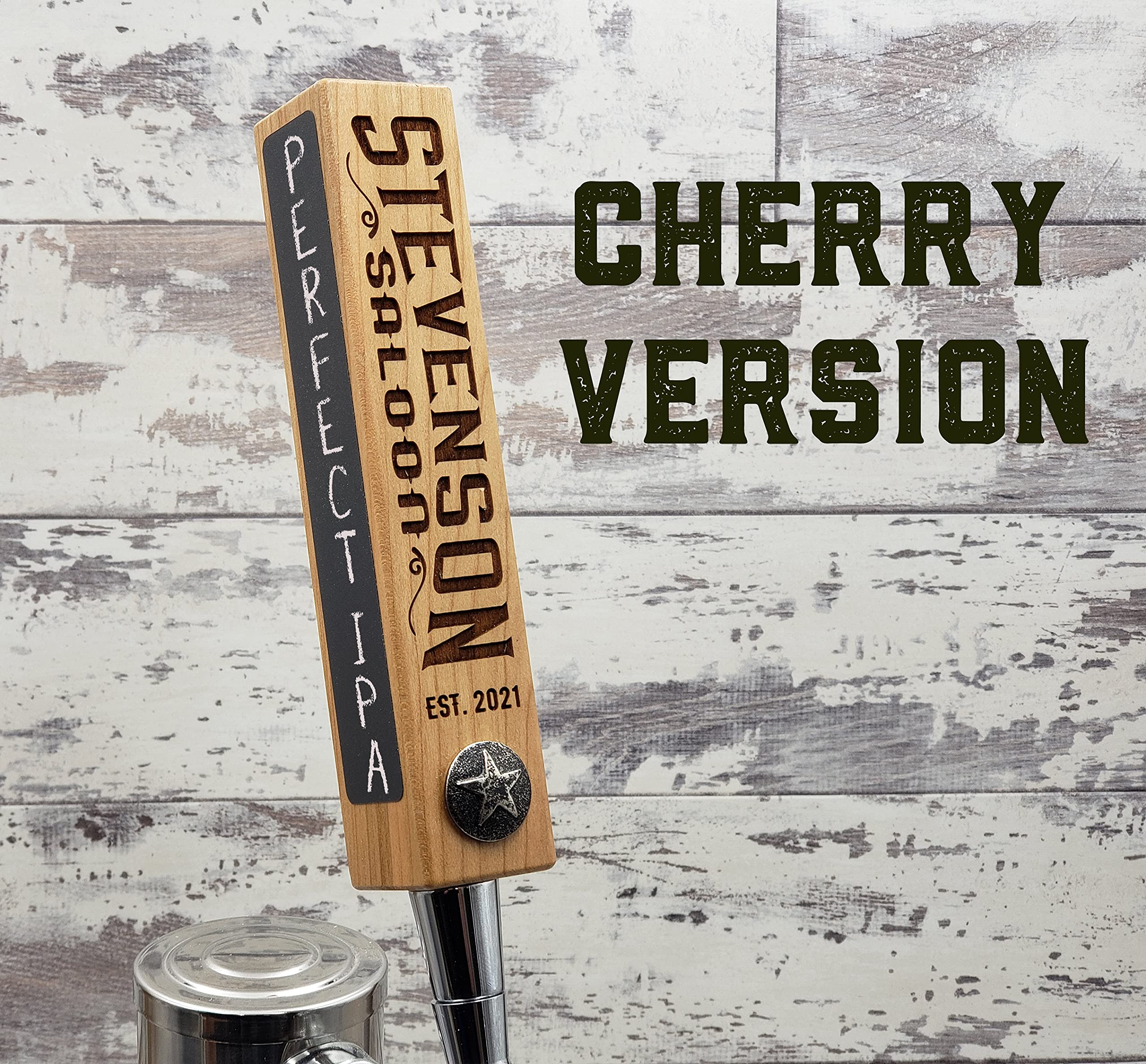 Personalized Beer Tap Handle with Laser Engraving & Chalkboard - Cherry Wood Star Edition | Custom Home Bar Accessory for Parties & Man Cave Decor