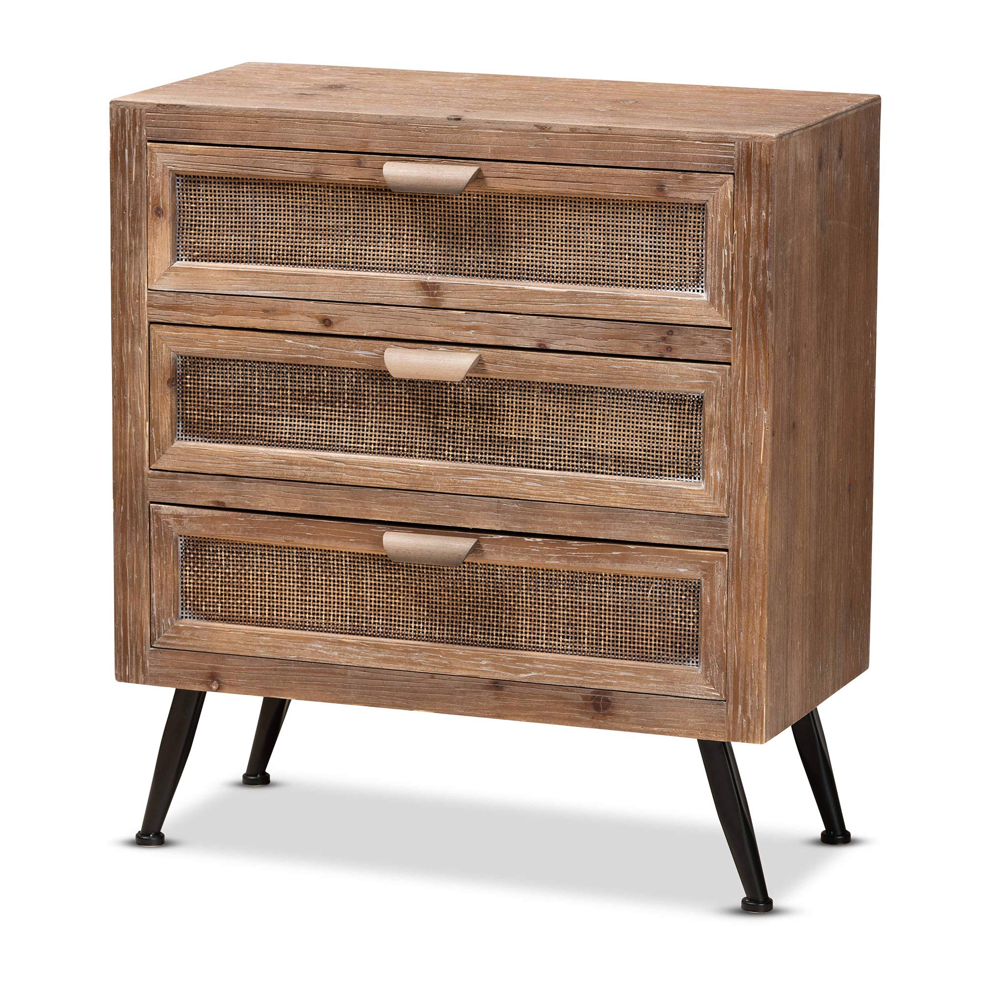 Baxton Studio Calida Mid-Century Modern 3-Drawer Storage Cabinet - Whitewashed Natural Brown Wood & Rattan - Perfect for Bedroom, Living Room, or Home Office Organization