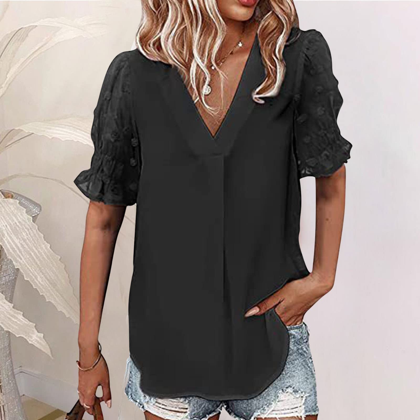 Women's Summer Short Sleeve V-Neck T-Shirt - Chiffon Patchwork Puff Sleeve Casual Top for Women | Perfect for Beach Outings, Date Nights & Everyday Wear